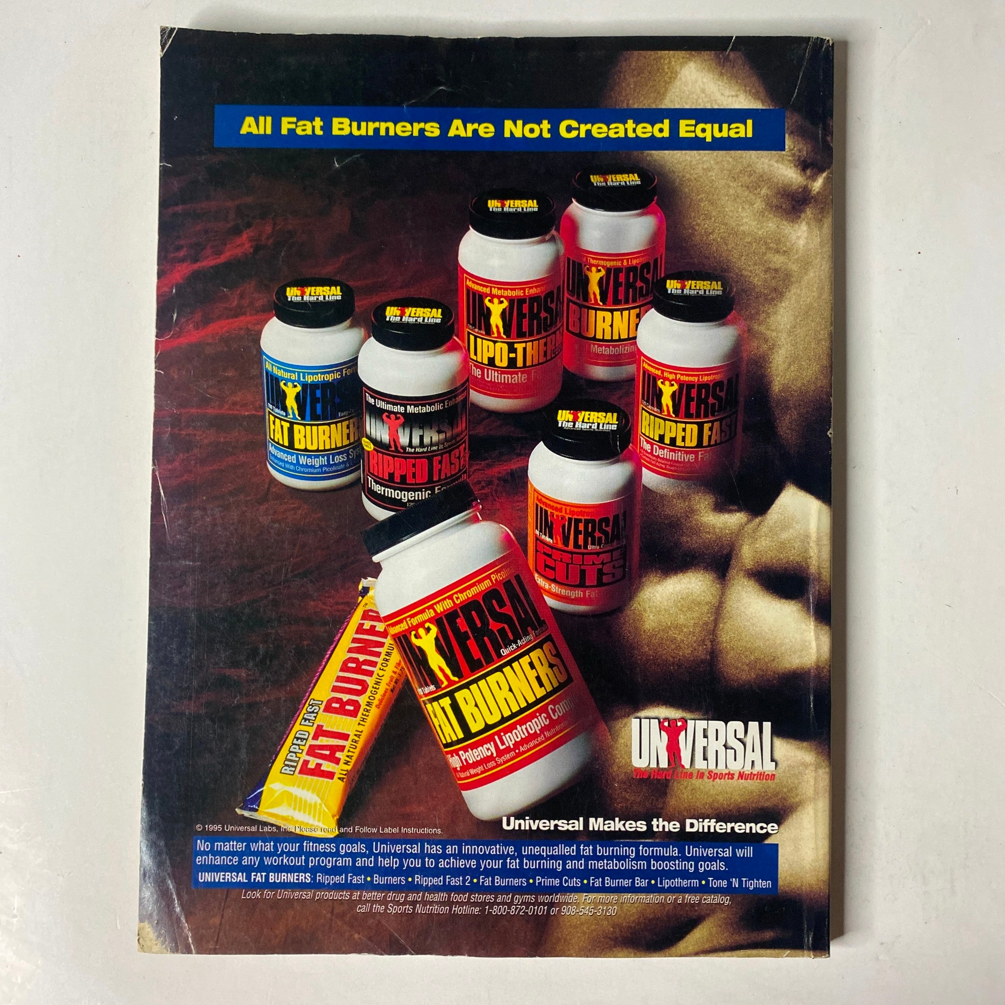 Back cover of MuscleMag International Magazine December 1995 No. 162 promoting various fat burner products, emphasizing the importance of quality in supplementation.