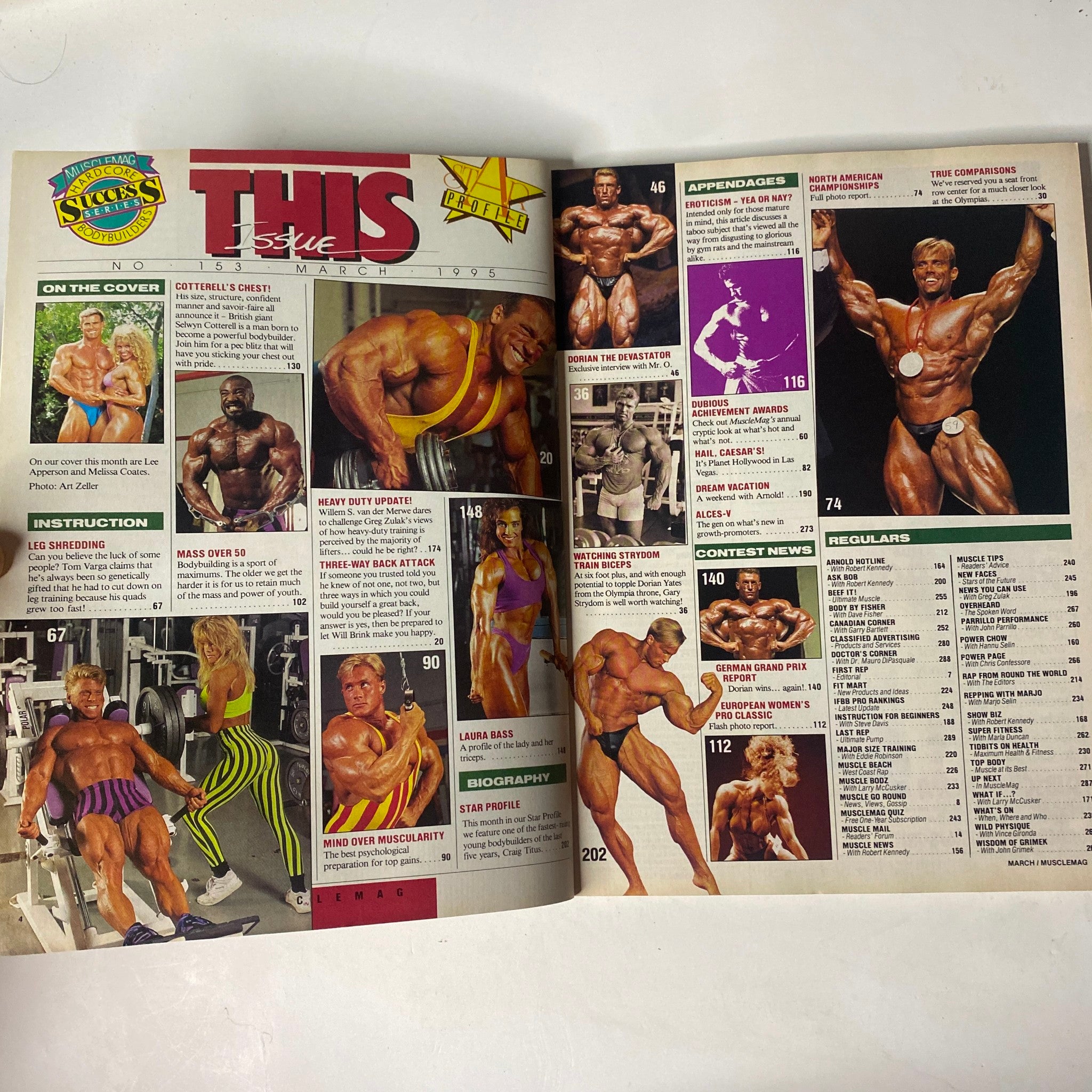 Inside page of MuscleMag International Magazine March 1995 displaying contents and articles related to bodybuilding, training, and nutrition.
