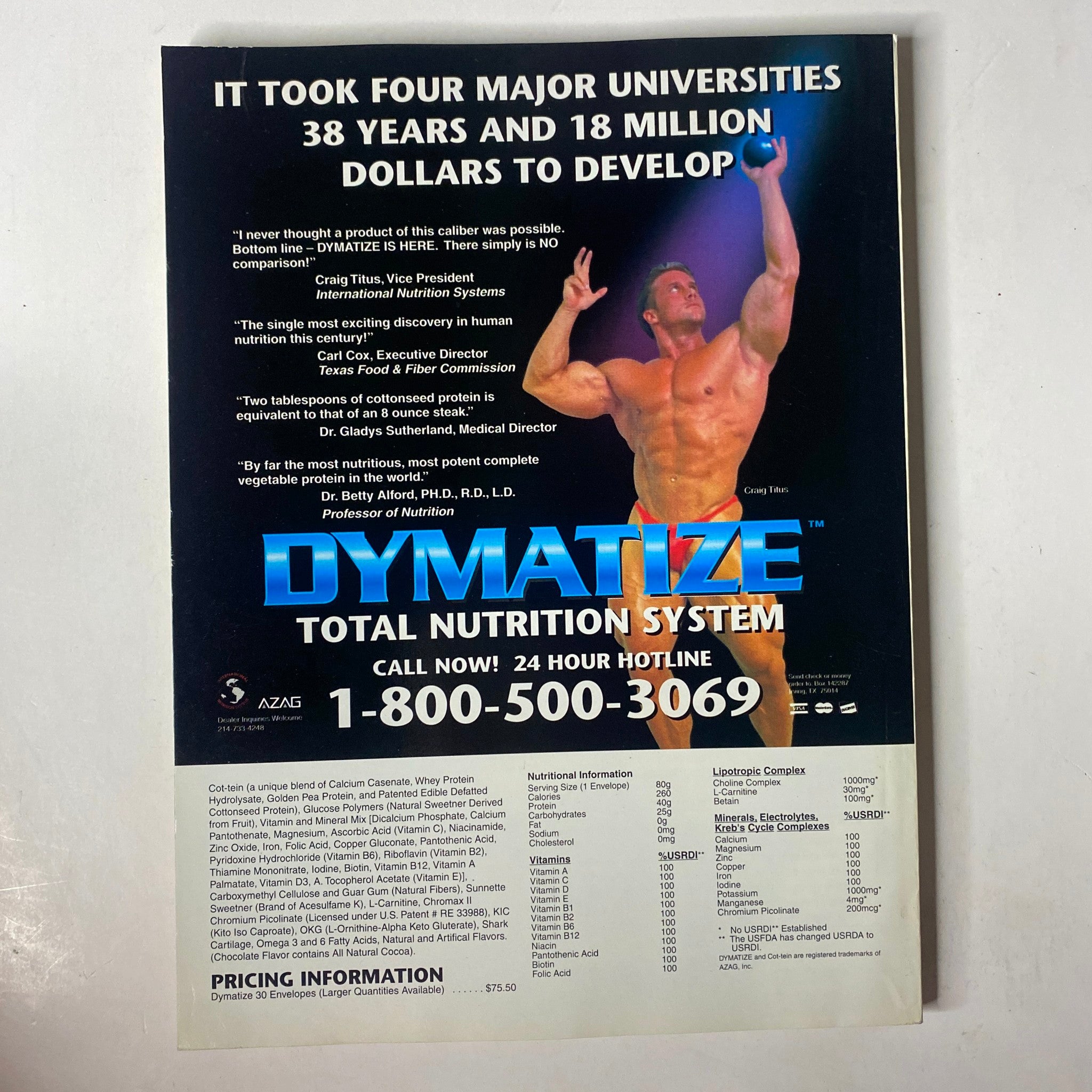 Back cover of MuscleMag International Magazine March 1995 promoting Dymatize Total Nutrition System with contact information.