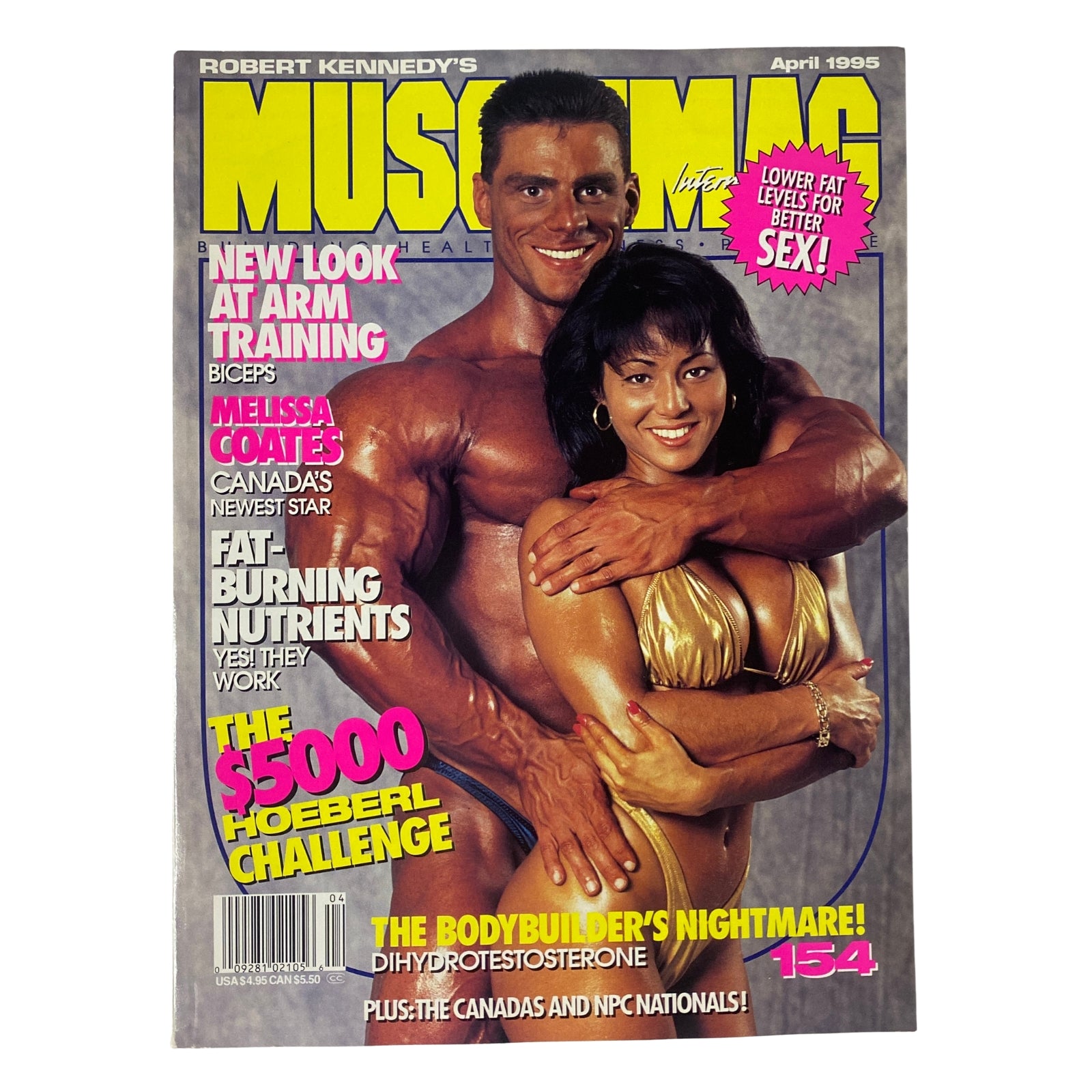 MuscleMag International Magazine April 1995 No. 154 featuring bodybuilder Paul DeMayo and fitness model Denise Paglia on the cover, showcasing bodybuilding culture with headlines about fat burning nutrients and muscle training.