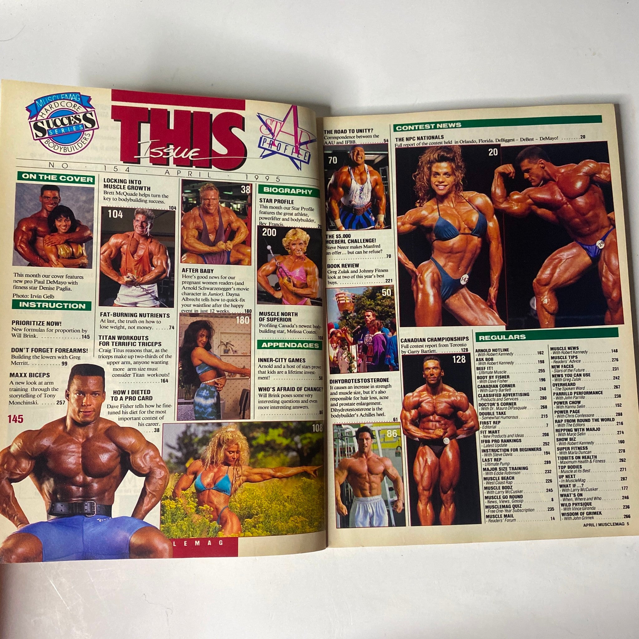 Inside spread of MuscleMag International Magazine April 1995 No. 154, highlighting fitness articles and contest details, featuring impressive physiques and promoting bodybuilding techniques, including profiles of top competitors.