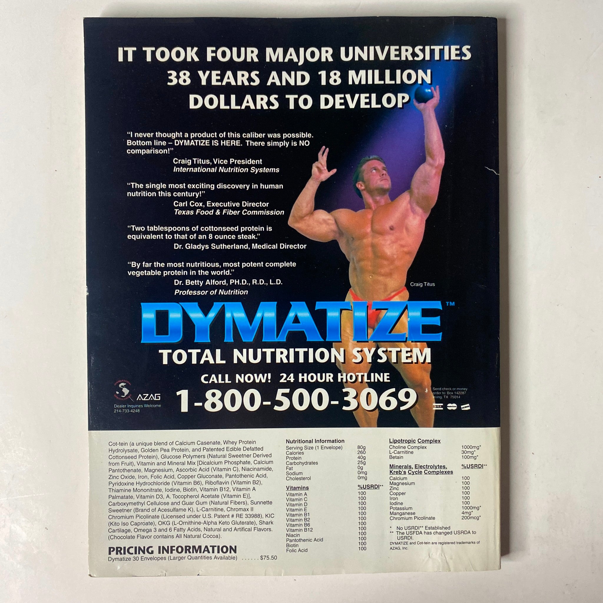 Back cover of MuscleMag International Magazine May 1995 No. 155, advertising Dymatize Nutrition System with contact information.