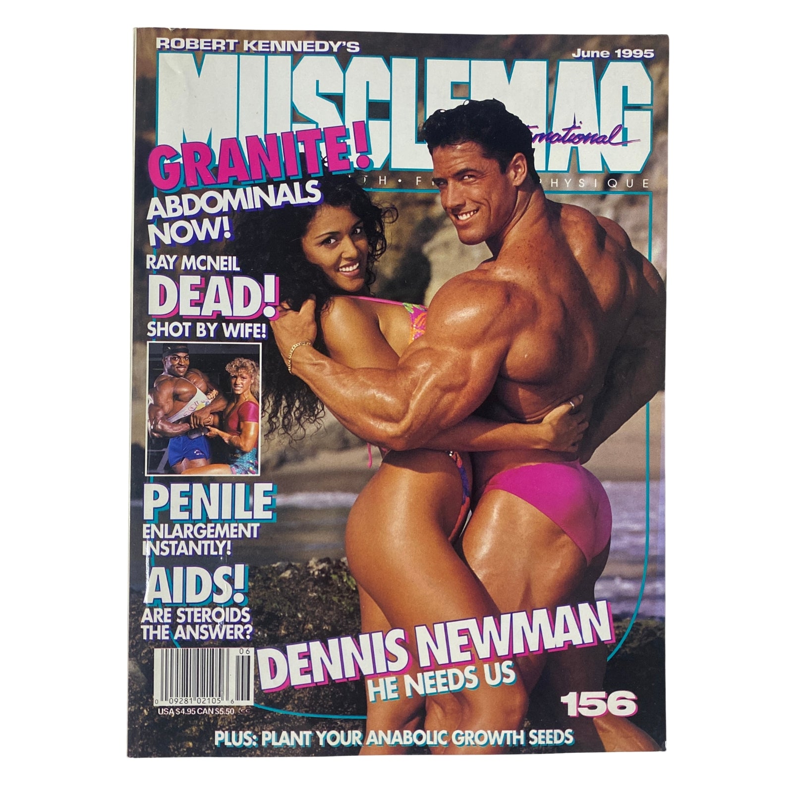 Cover of MuscleMag International Magazine June 1995 No. 156 featuring Dennis Newman and Debee Halo, showcasing bodybuilding tips and fitness advice.