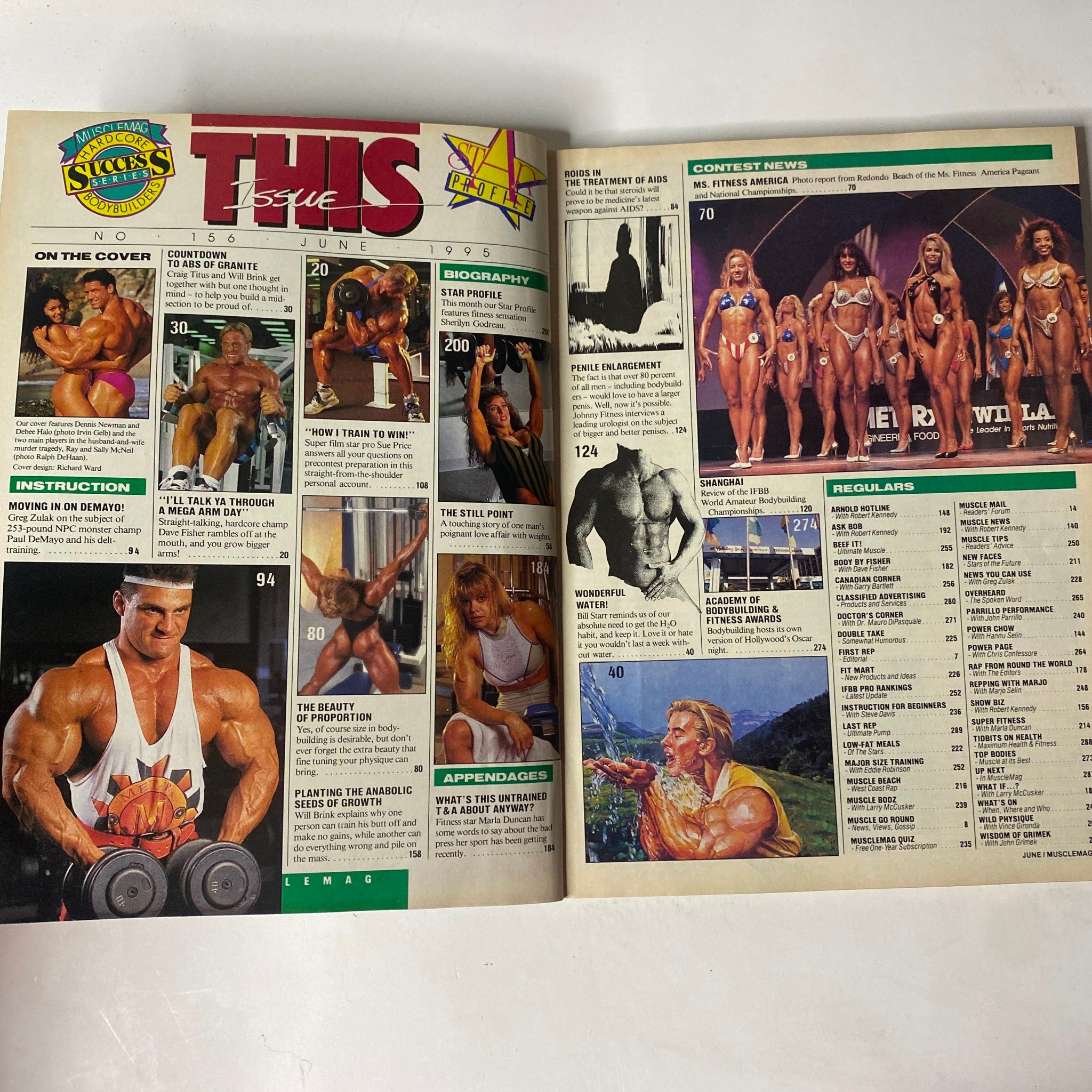 MuscleMag International Magazine June 1995 No. 156 featuring Dennis Newman and Debee Halo. The open magazine displays fitness articles, contest information, and celebrity features in bodybuilding.