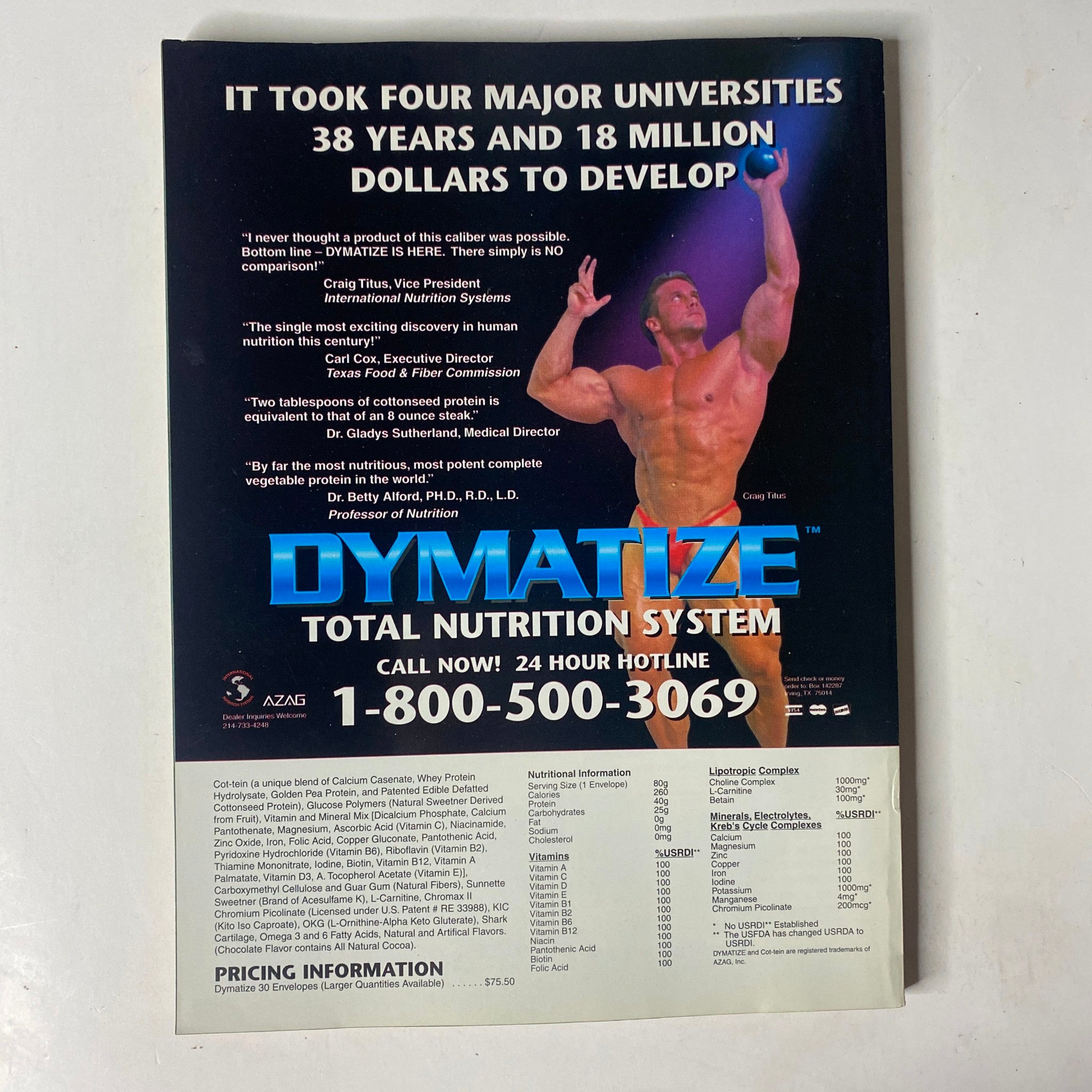Back cover of MuscleMag International Magazine June 1995 No. 156 advertisement for Dymatize Total Nutrition System. The ad highlights the product's development by major universities and a call to action for more information.