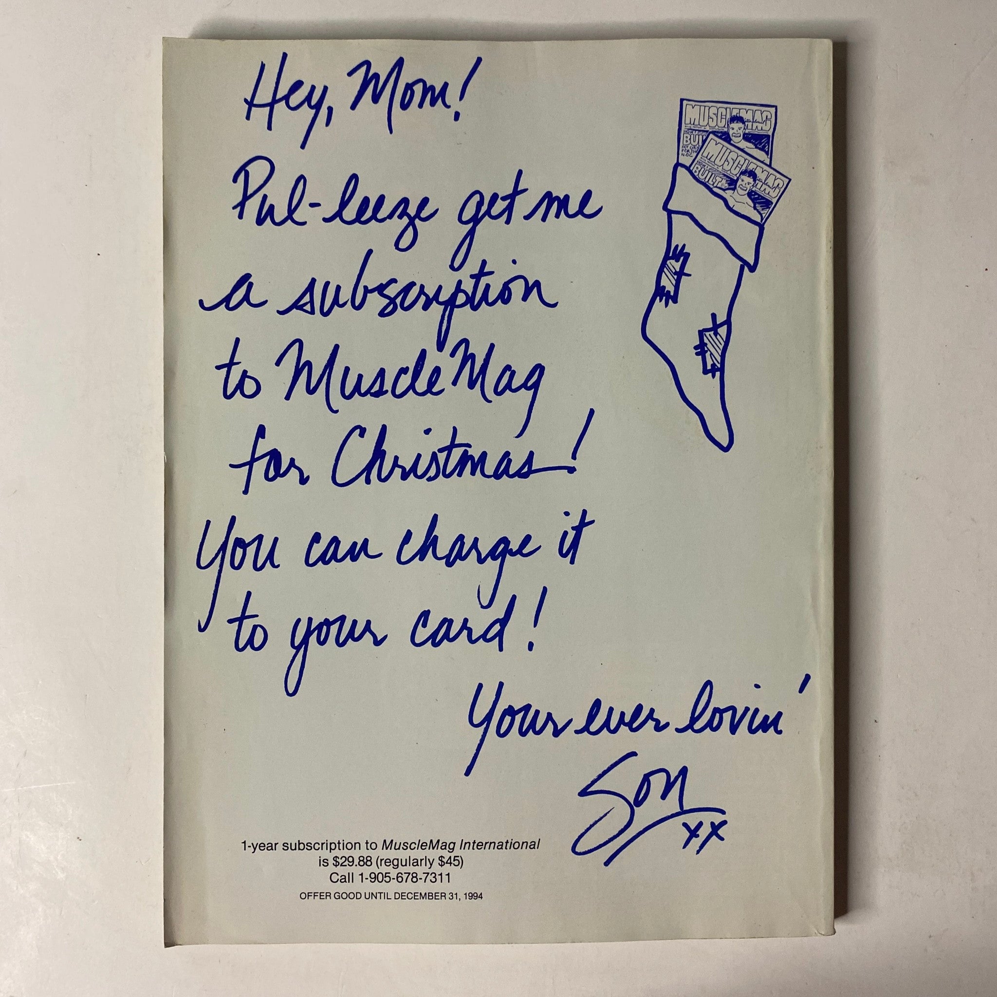 Subscription request note for MuscleMag International, expressing a desire to receive the magazine as a Christmas gift, emphasizing its popularity and appeal.