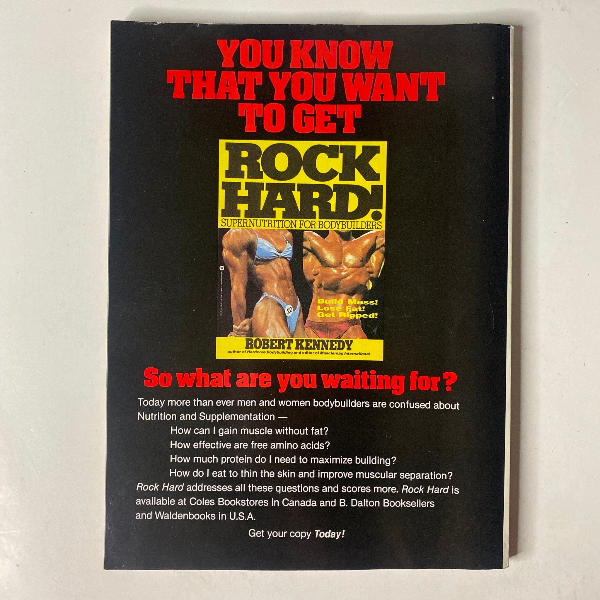 Back cover of the July 1995 MuscleMag International Magazine promoting the book 'Rock Hard' by Robert Kennedy, emphasizing bodybuilding nutrition and supplementation.