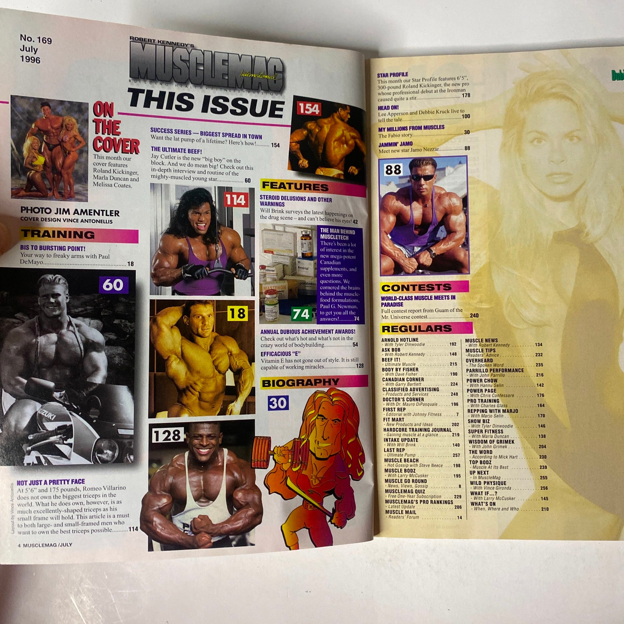 Inside pages of MuscleMag International Magazine July 1996 showcasing content layout, articles on training, fitness biographies, and regular features.