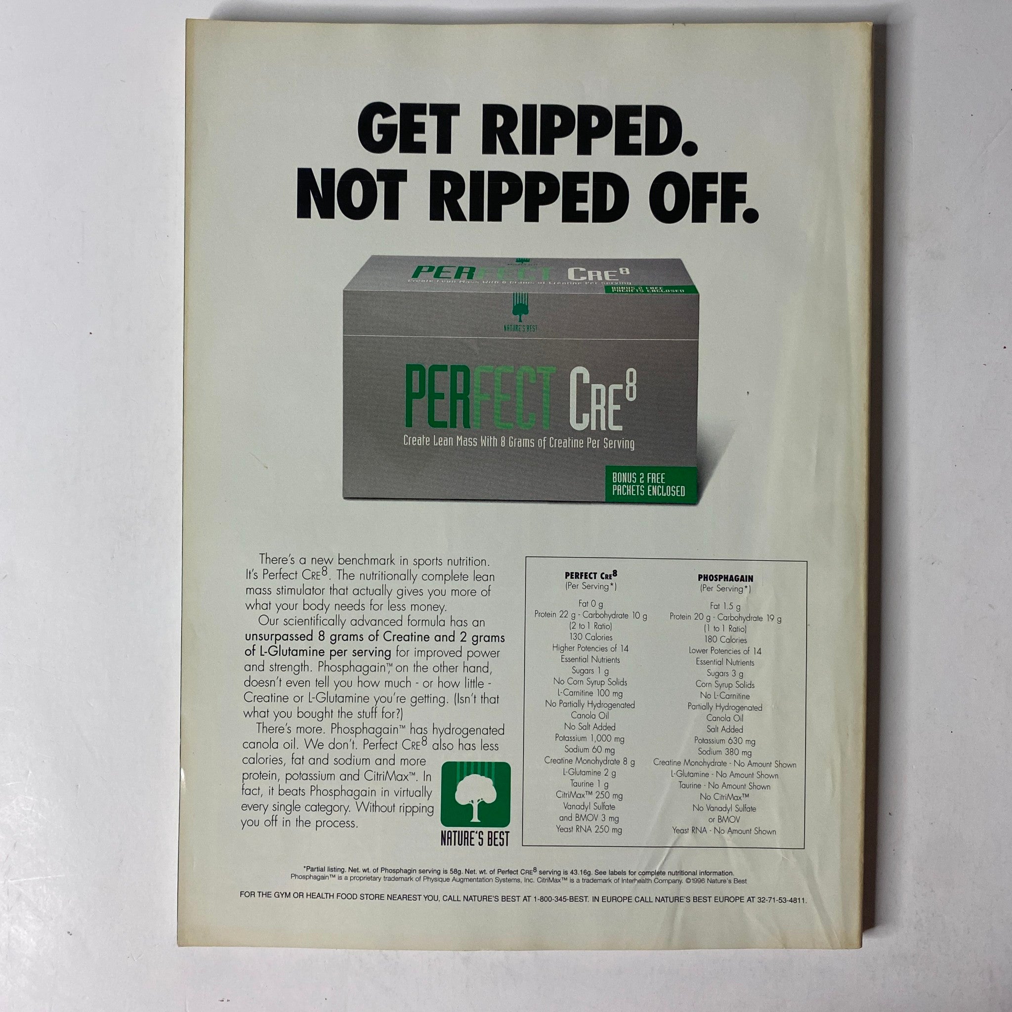 Advertisement for Perfect CRE8, a sports nutrition supplement. The ad features a box with product information and highlights its benefits, set against a simple background in relation to MuscleMag International Magazine July 1996 featuring Roland Kickinger and Marla Duncan.