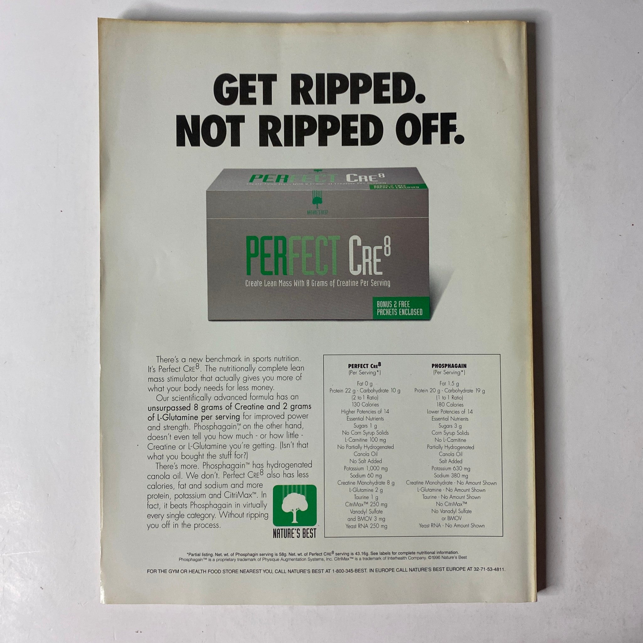 Back cover of MuscleMag International Magazine September 1996 advertising sports nutrition product Perfect Cre8.