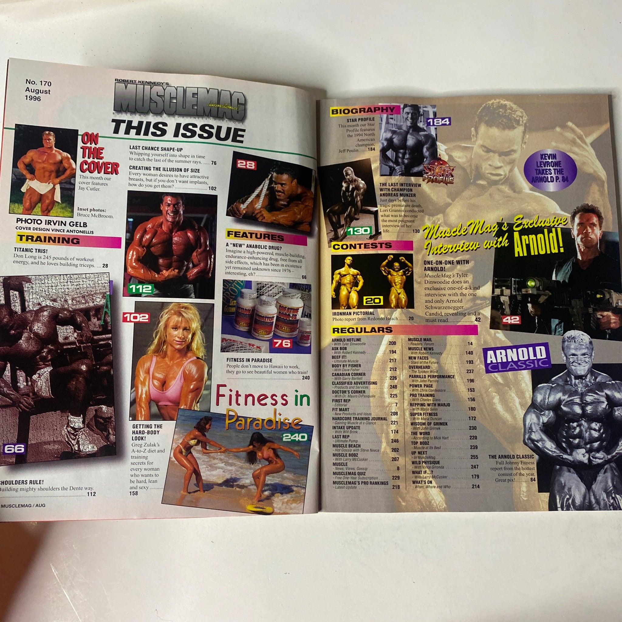 MuscleMag International Magazine August 1996 No. 170 featuring Jay Cutler on the cover, highlighting training strategies, supplements, and bodybuilding contests. Inside details about fitness and profiles on bodybuilding legends.