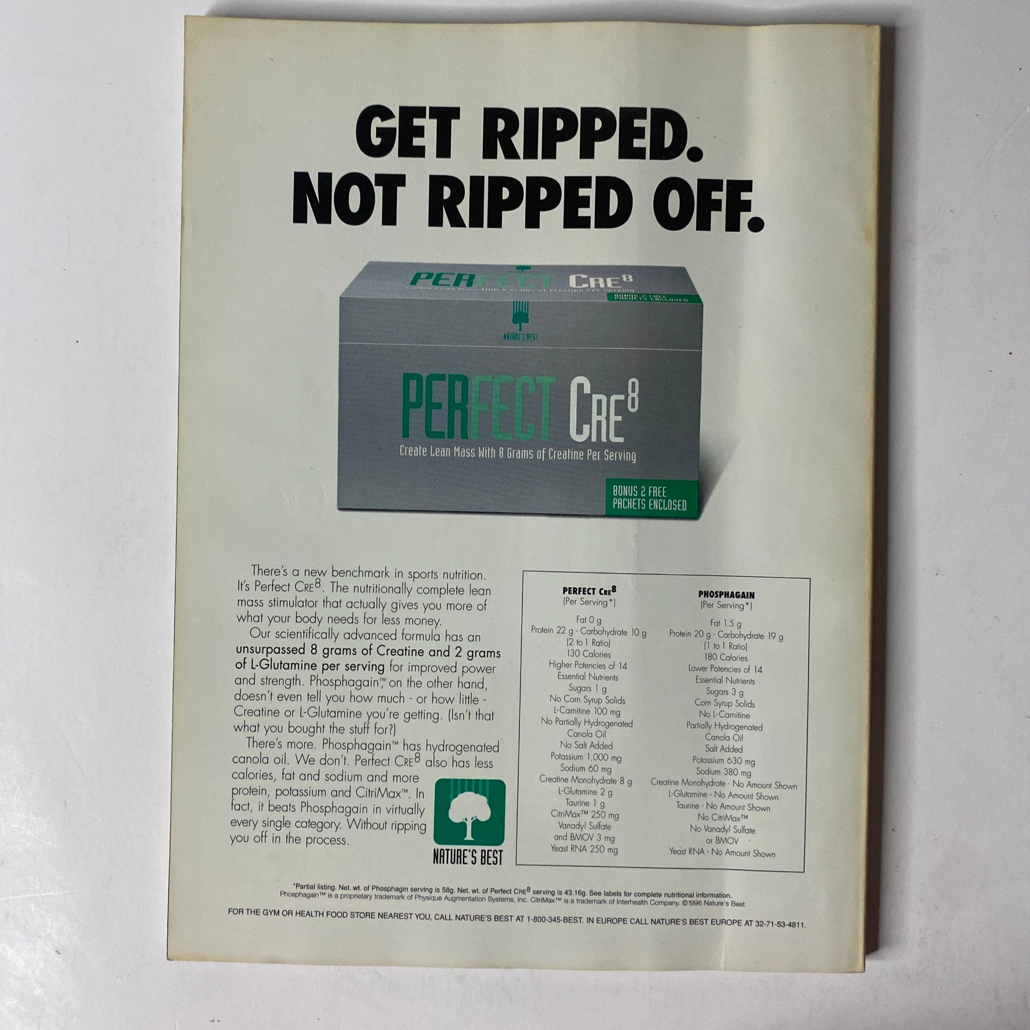 Advertisement for Perfect Cre8, featured in MuscleMag International Magazine August 1996 No. 170, promoting a high-quality creatine supplement for bodybuilding enthusiasts.