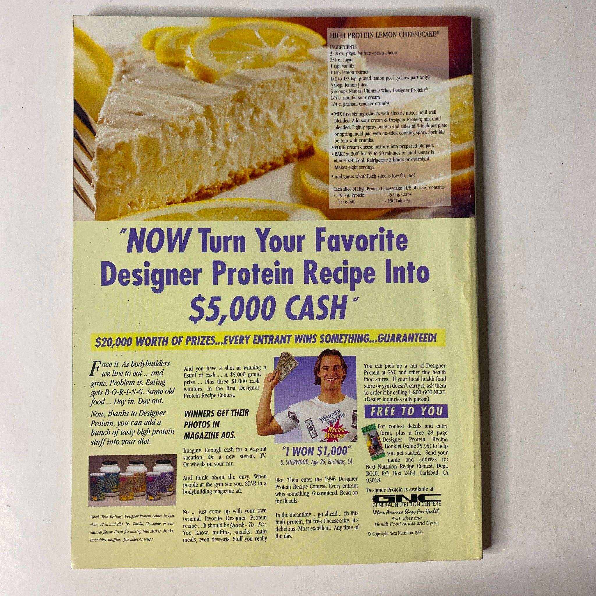Back cover of MuscleMag International Magazine February 1996 No. 164 promoting a designer protein recipe contest with an eye-catching design and promotional text.