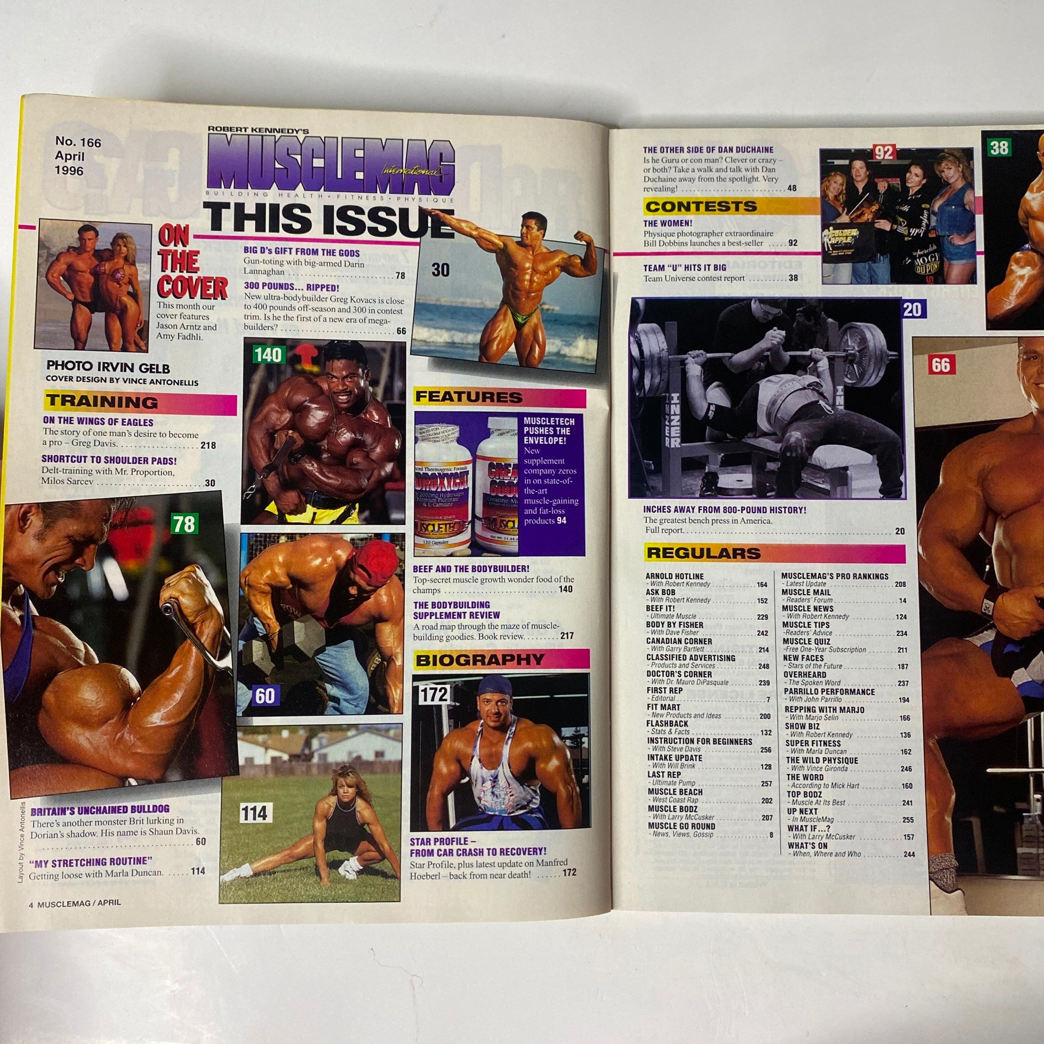 Interior page of MuscleMag International Magazine April 1996 No. 166, highlighting features, training tips, and biographies relevant to bodybuilding enthusiasts.