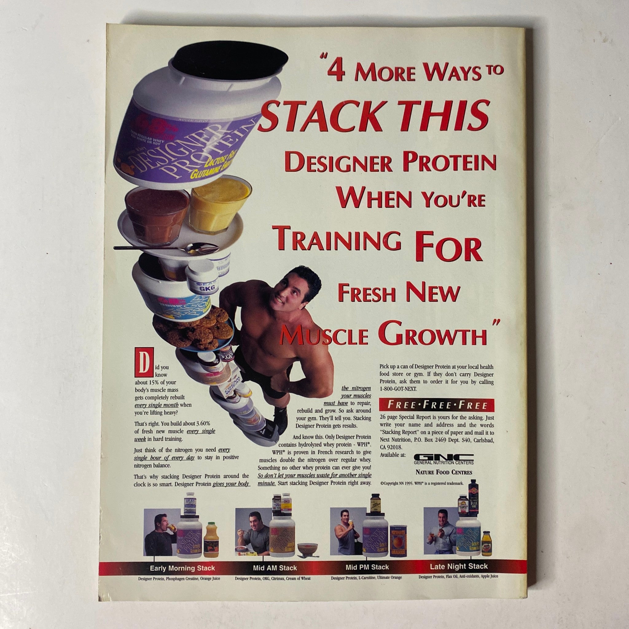 Back cover advertisement of MuscleMag International Magazine April 1996 No. 166 promoting protein supplements for muscle growth.