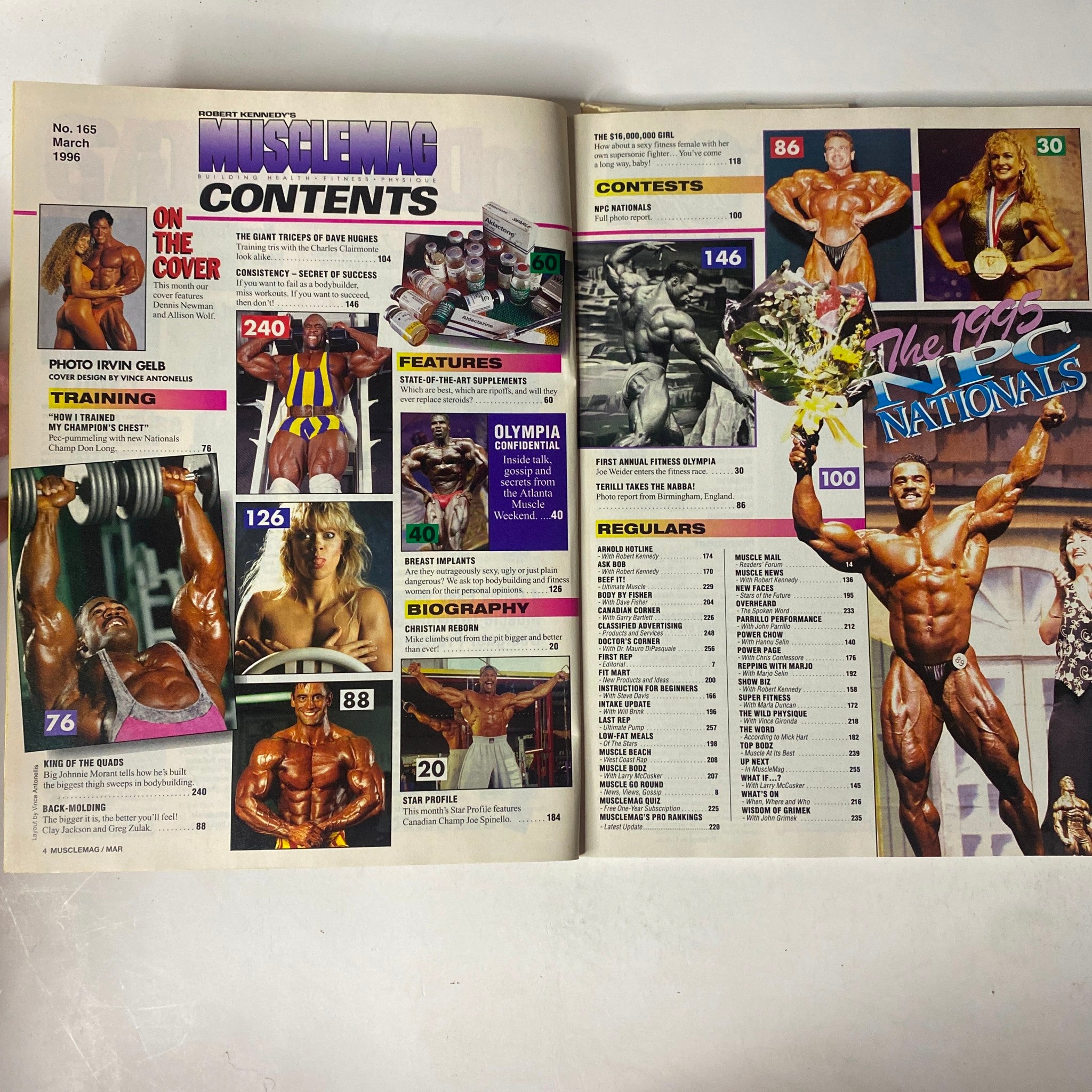 Contents page of MuscleMag International Magazine March 1996 showcasing various articles, features, and contests related to bodybuilding.