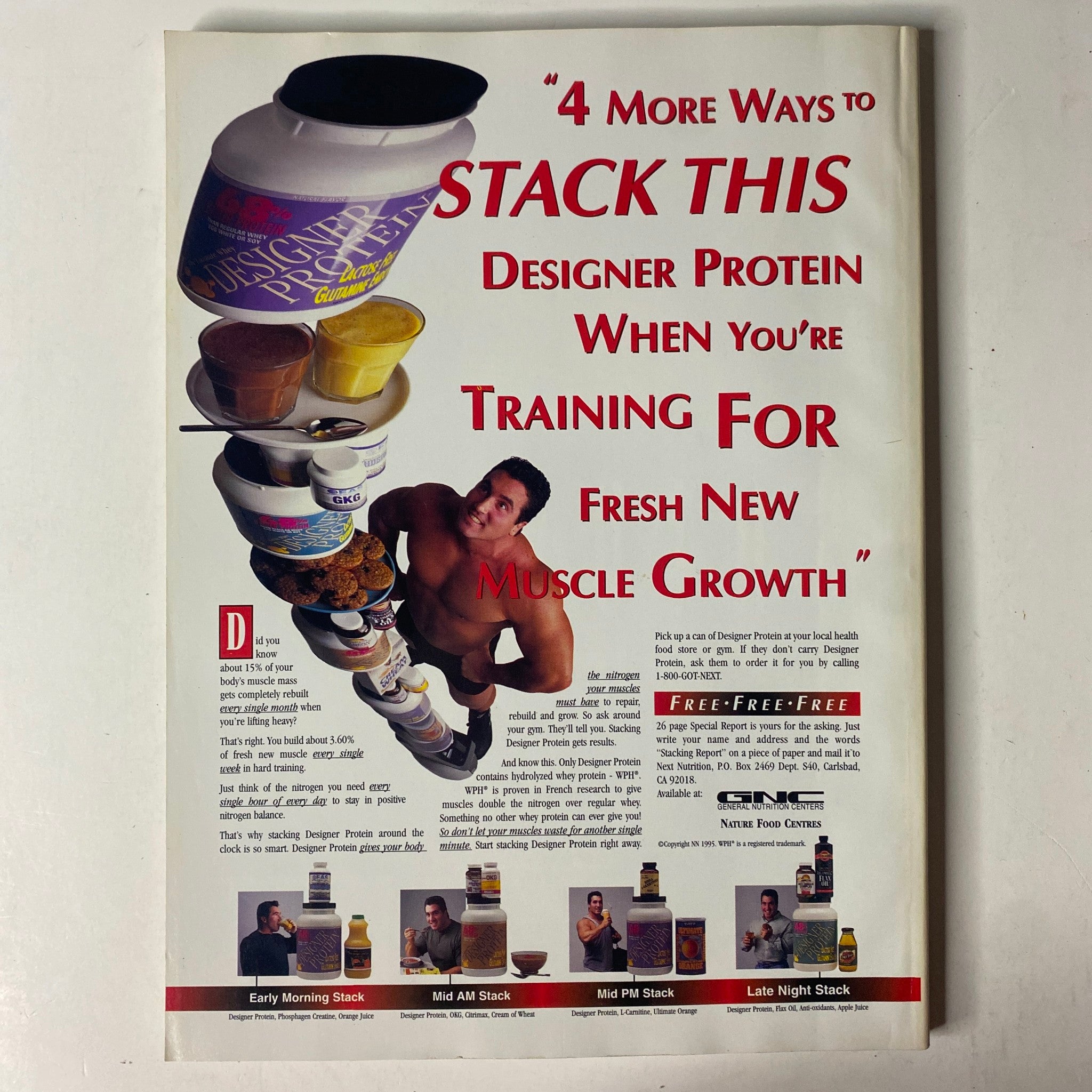 MuscleMag International Magazine March 1996 featuring an advertisement illustrating protein stacking options for muscle growth, highlighting various protein supplement products, with a fit male model demonstrating fitness and nutrition tips.