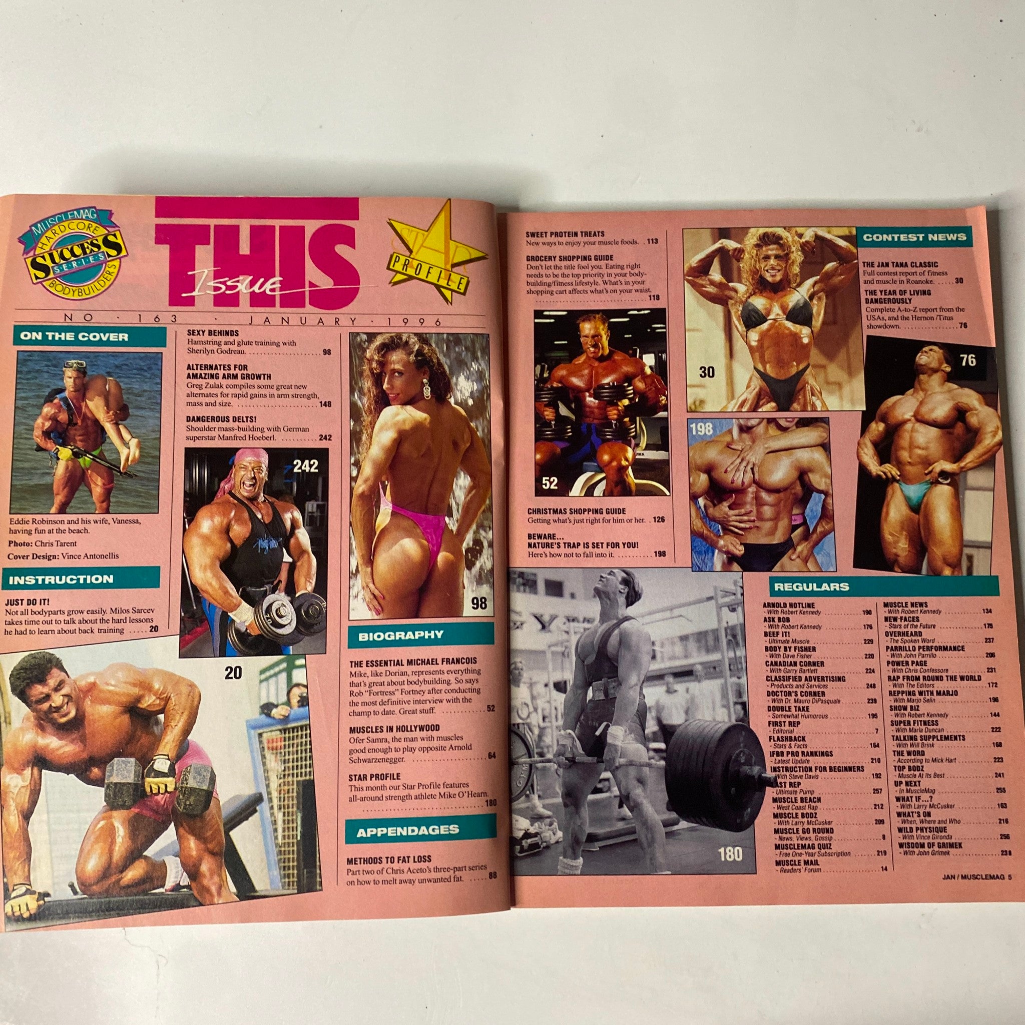 Inside page of MuscleMag International Magazine January 1996, Issue #163 showcasing various bodybuilding contests, profiles, and articles including biography and contest news.