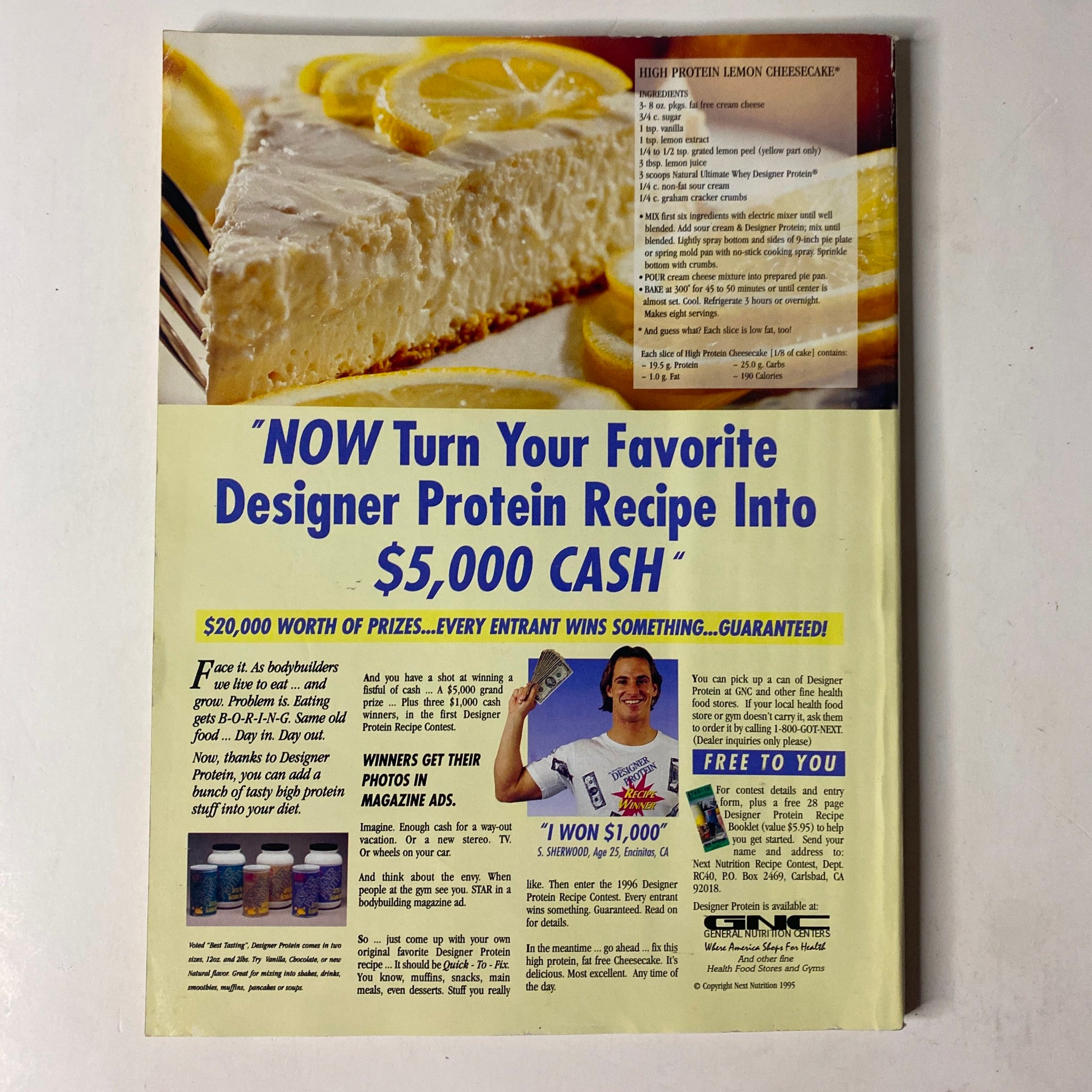 Back cover of MuscleMag International Magazine January 1996, Issue #163 advertising a protein recipe contest with a prize of $5,000 and featuring a past winner.