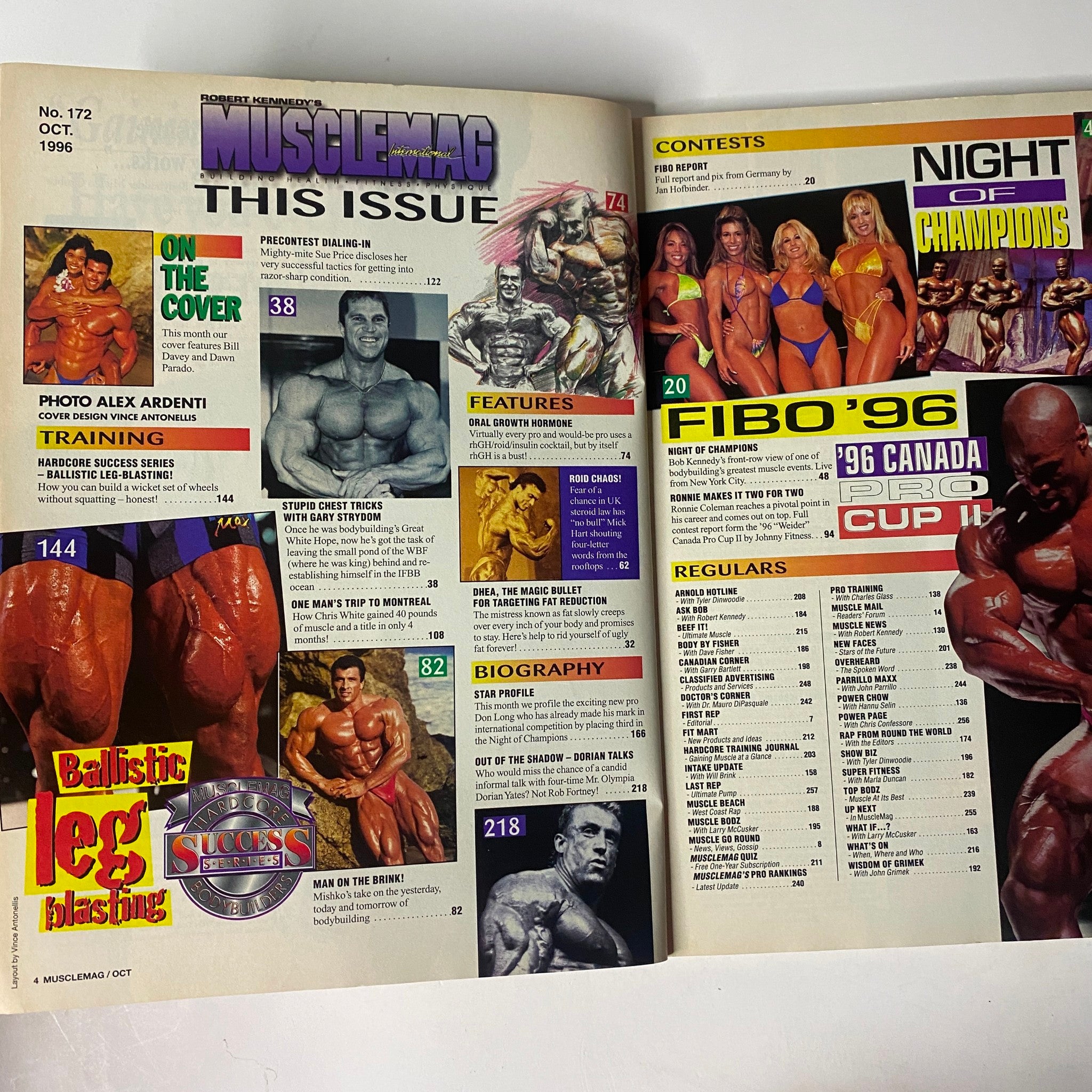 MuscleMag International Magazine October 1996 No. 172 featuring Bill Davey, Dawn Parado, showcasing contents like bodybuilding training, nutrition, and contest updates. Ideal for fitness enthusiasts and collectors.