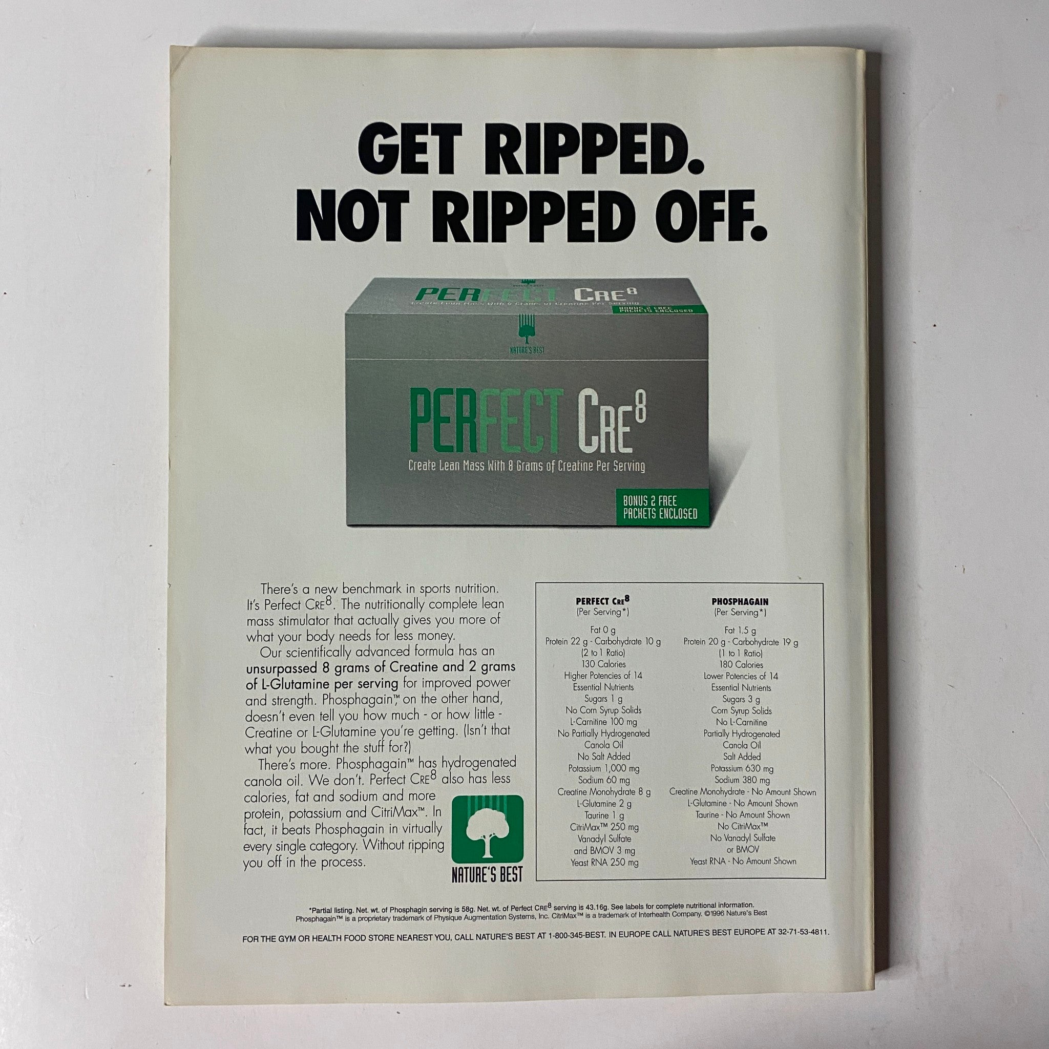 Advertisement from MuscleMag International Magazine October 1996 No. 172 for Perfect Cre, promoting a creatine supplement. Emphasizes health and fitness benefits, targeting bodybuilders and athletes.