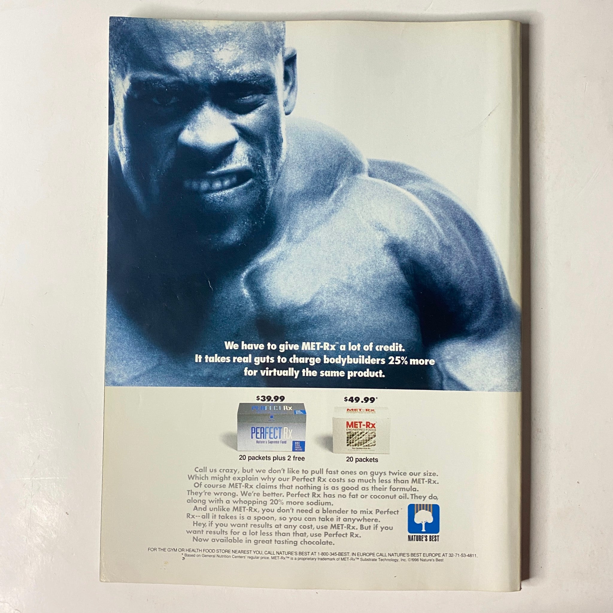 Back cover of MuscleMag International Magazine November 1996 No. 173 featuring a bold advertisement for MET-Rx products aimed at bodybuilders.