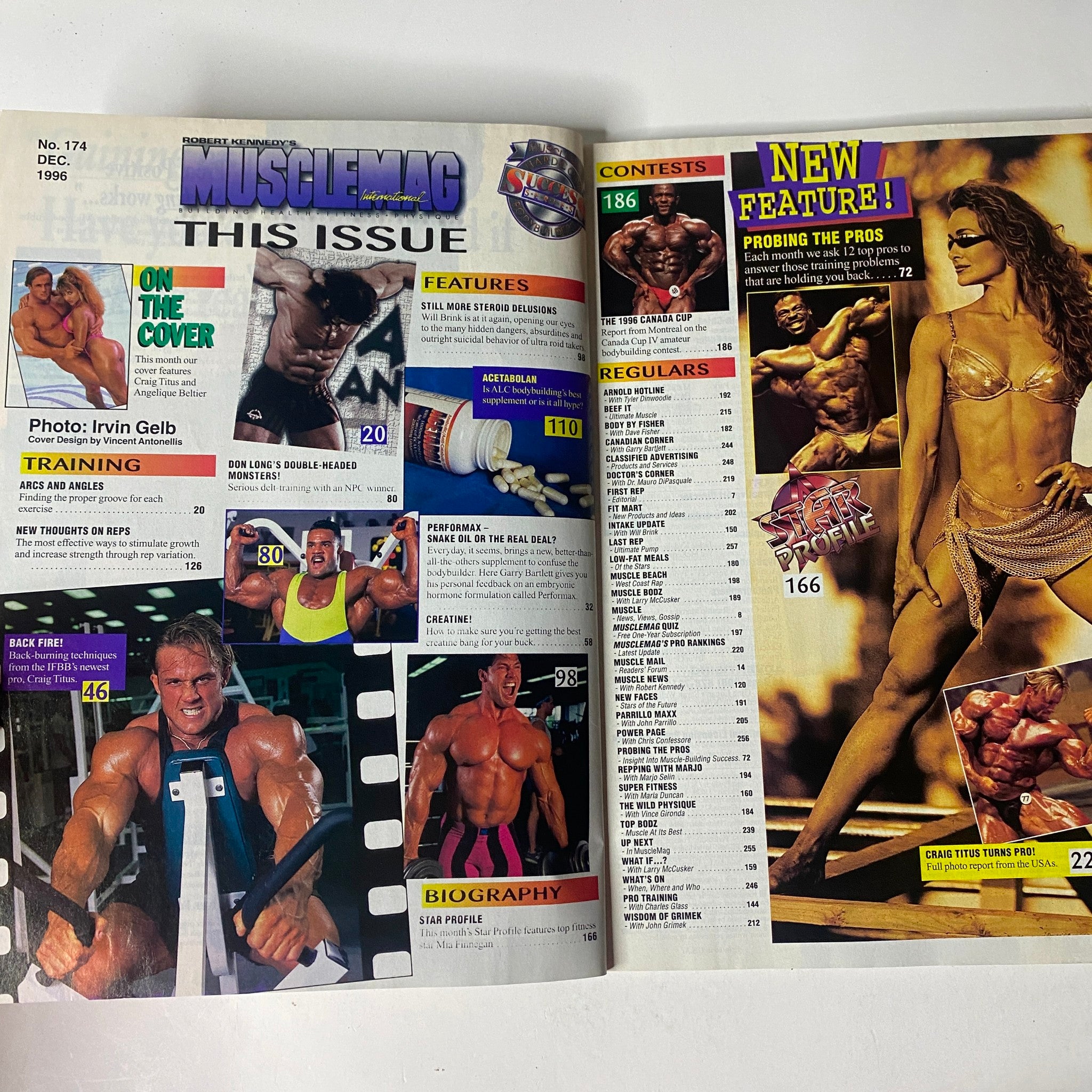 Inside spread of MuscleMag International Magazine December 1996 highlighting features on bodybuilding, contests, and training articles.
