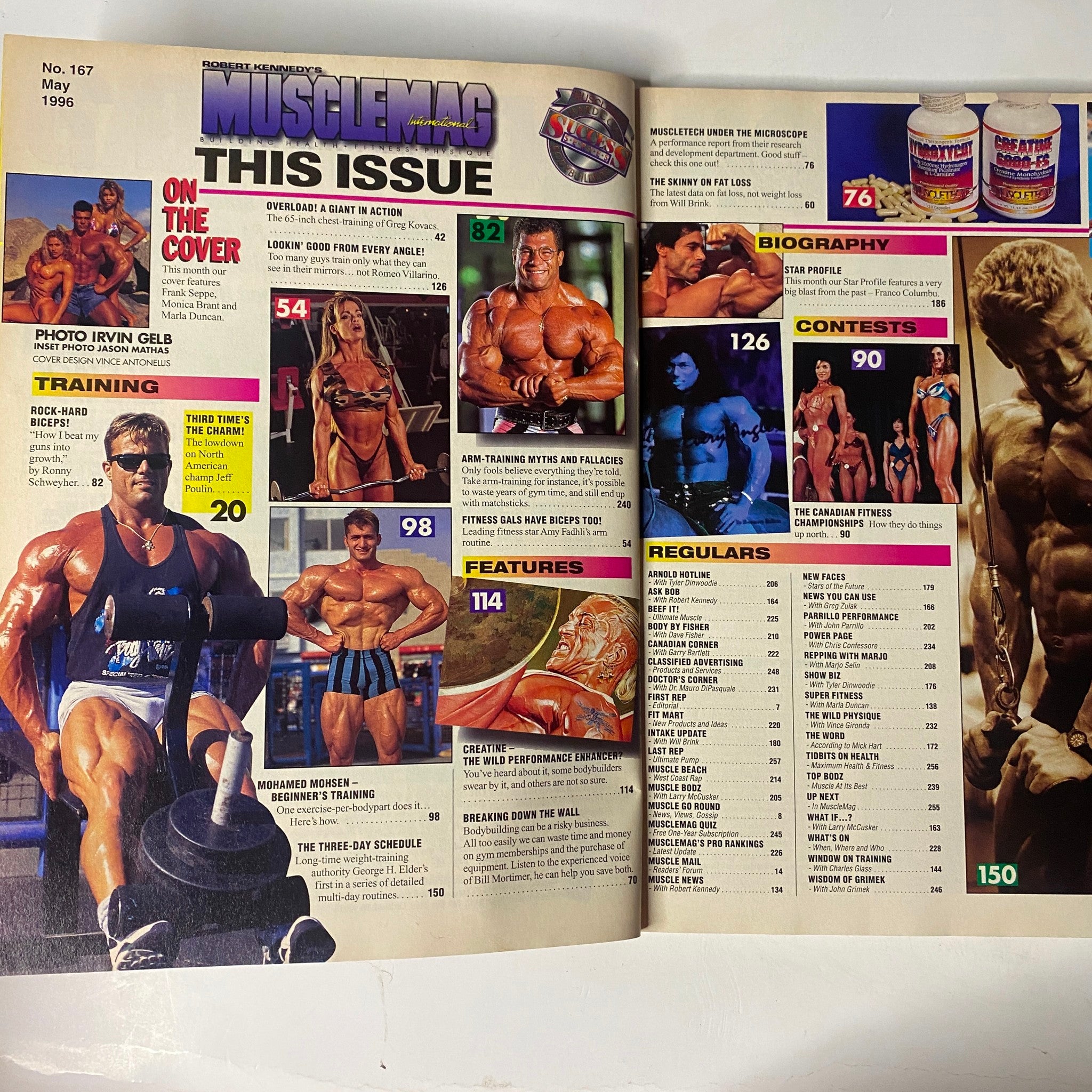 Contents page of MuscleMag International Magazine May 1996 No. 167 showcasing articles on training, features, contests, and biographies of fitness icons.