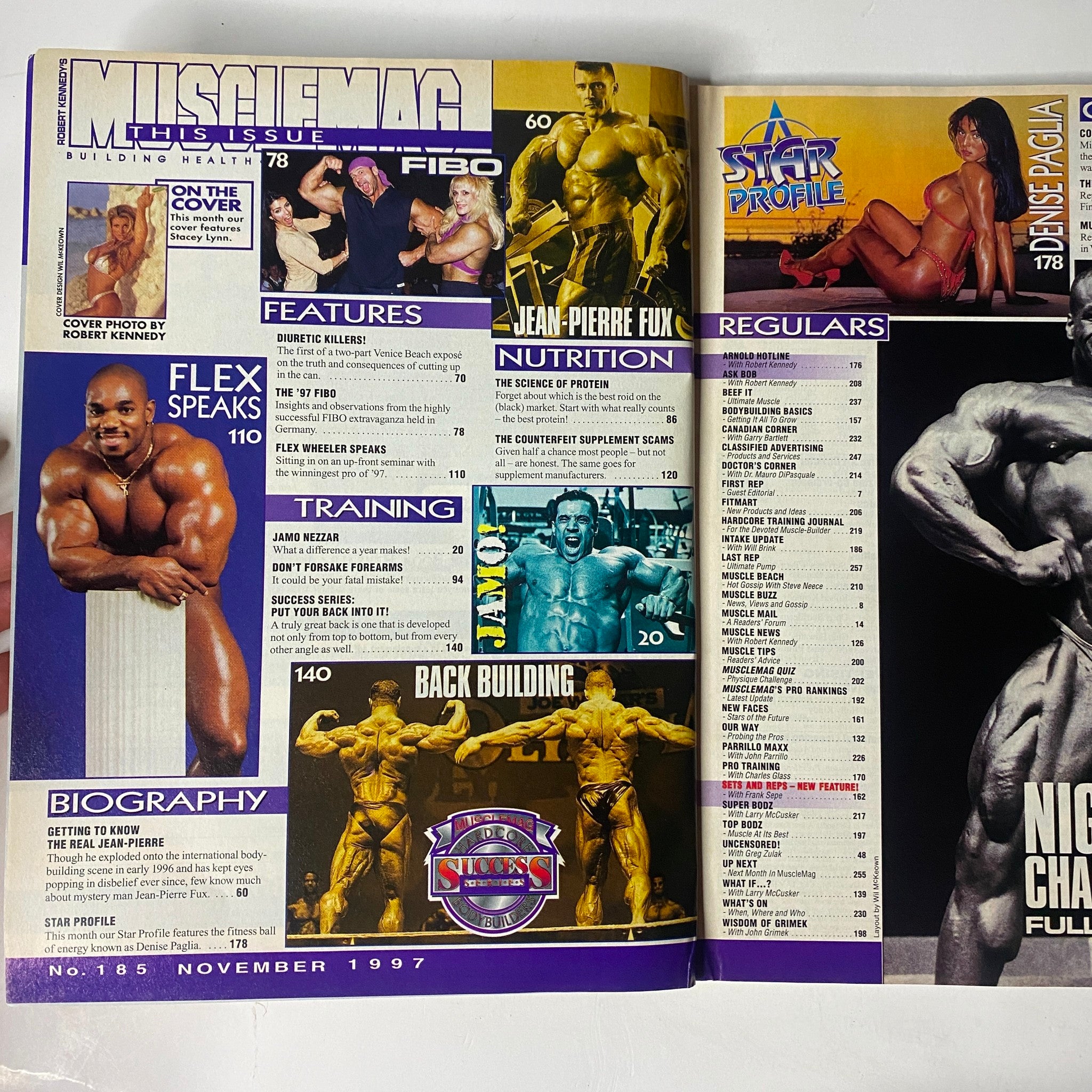 MuscleMag International Magazine November 1997, No. 185, showcasing various articles and sections focused on bodybuilding, fitness, and health, featuring prominent models and a highlight on the contents of the issue.