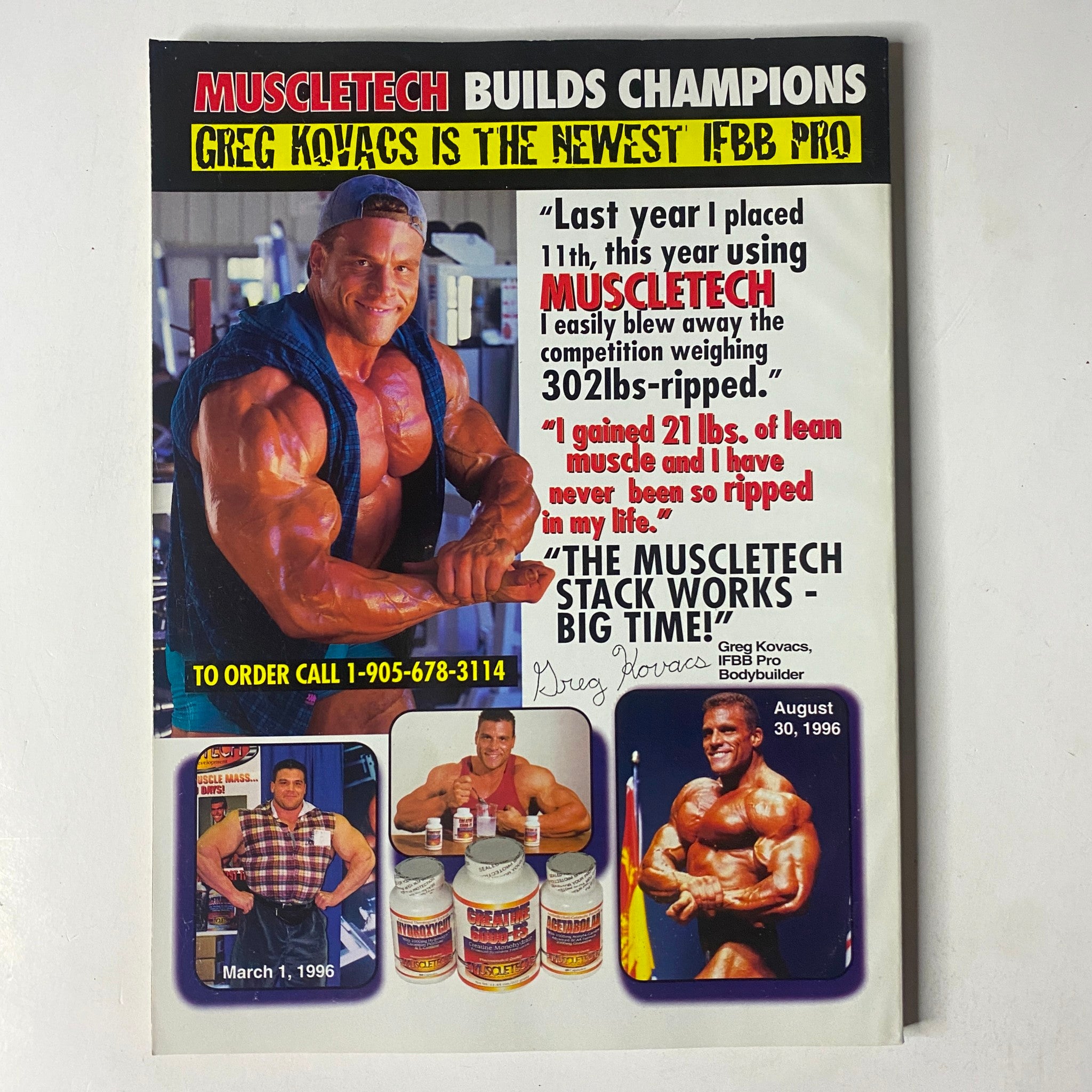 MuscleMag International Magazine November 1997, No. 185, featuring Greg Kovacs, an IFBB Pro, promoting Muscletech products with a quote about his bodybuilding experience and achievements.