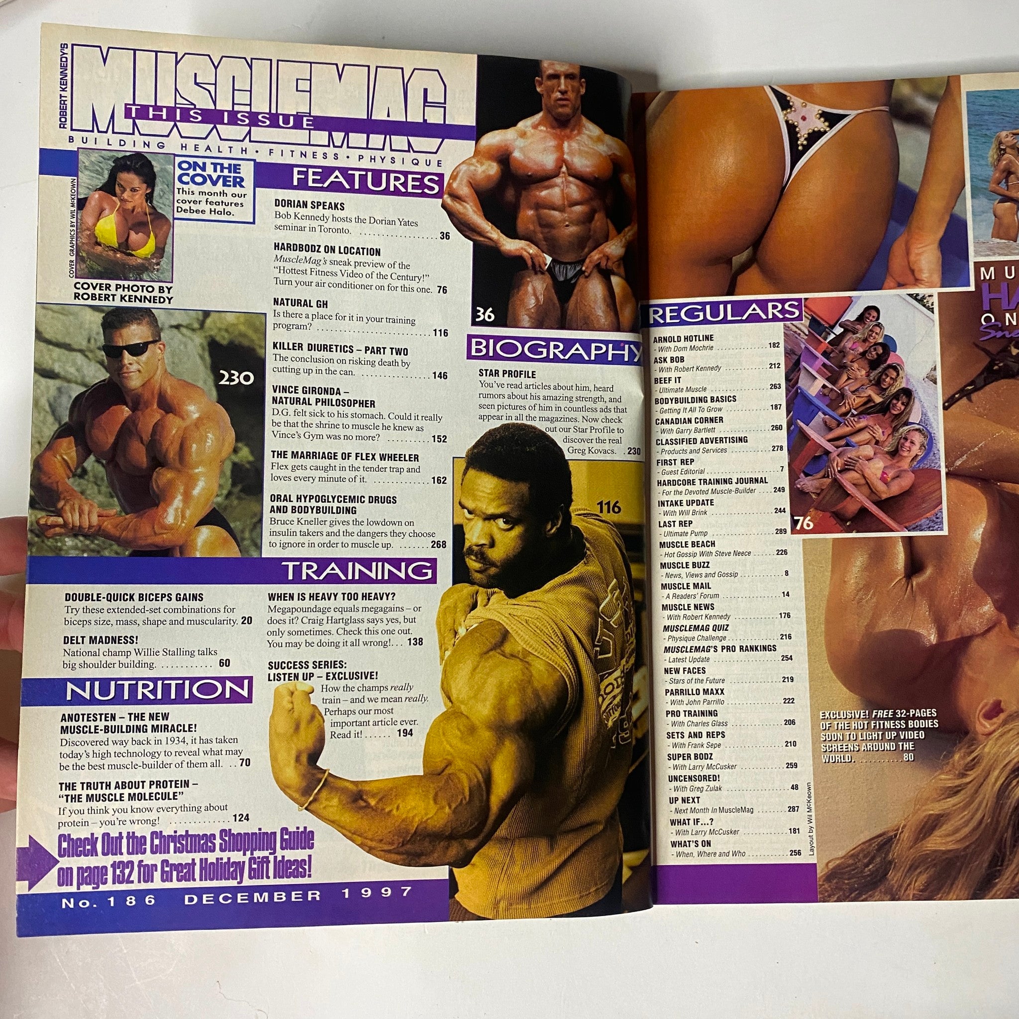 Inside spread of MuscleMag International Magazine December 1997, Issue No. 186, showcasing various content features including biographies, training tips, and nutritional advice for bodybuilders.