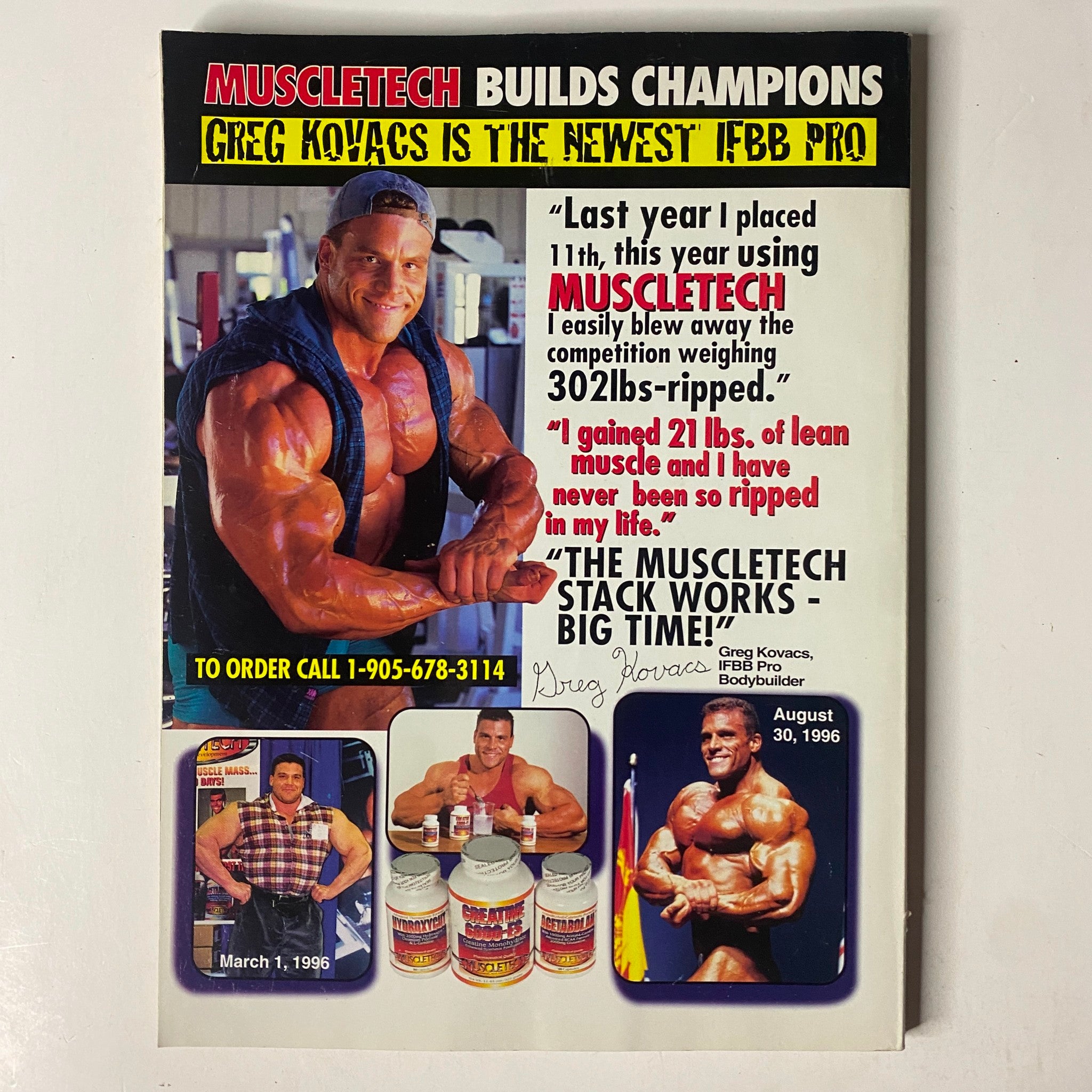 Back cover of MuscleMag International Magazine December 1997, Issue No. 186, promoting MuscleTech products with an image of Greg Kovacs, an IFBB Pro bodybuilder.
