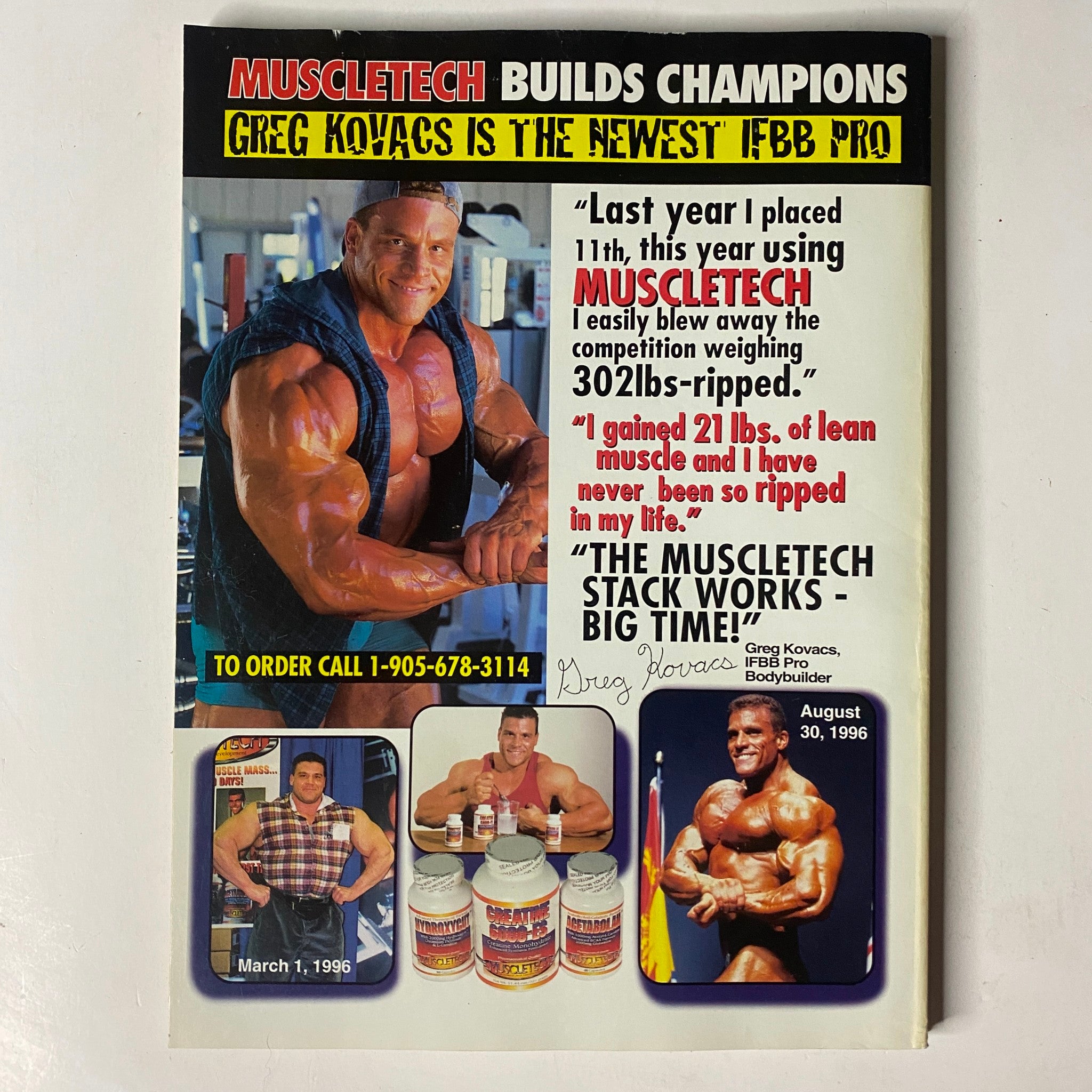 Back cover of MuscleMag International Magazine May 1997 No. 179 advertising MuscleTech products with Greg Kovacs, a professional bodybuilder, promoting muscle growth and fitness.