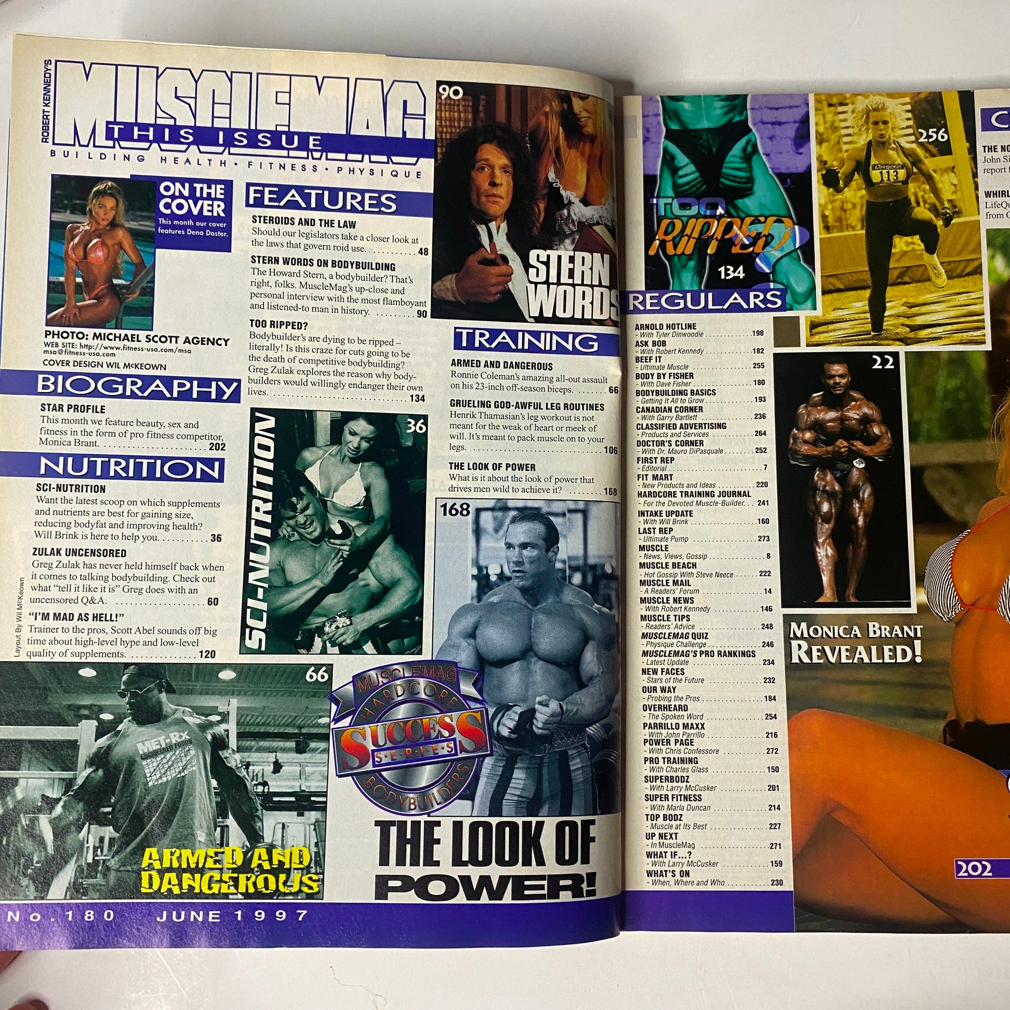 Inside page of MuscleMag International Magazine, June 1997, Issue No. 180 showcasing articles and features on bodybuilding, nutrition, and training with images of bodybuilders and headlines such as 'THE LOOK OF POWER' and 'ARMED AND DANGEROUS'.