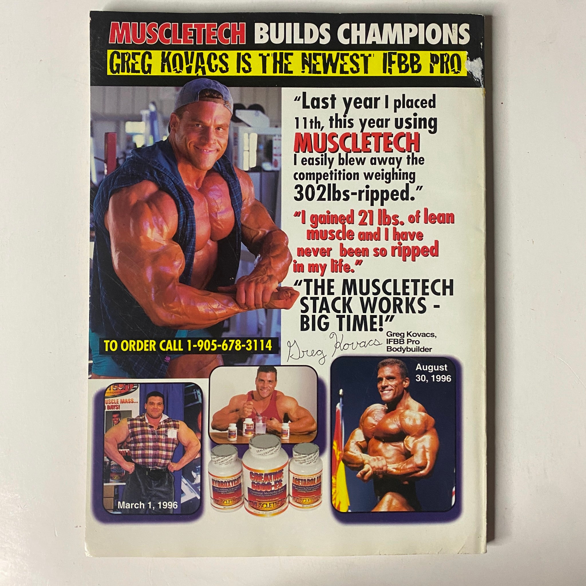 Back cover of MuscleMag International Magazine July 1997 Issue No. 181 promoting MuscleTech products and featuring Greg Kovacs, a new IFBB pro, emphasizing fitness and bodybuilding.