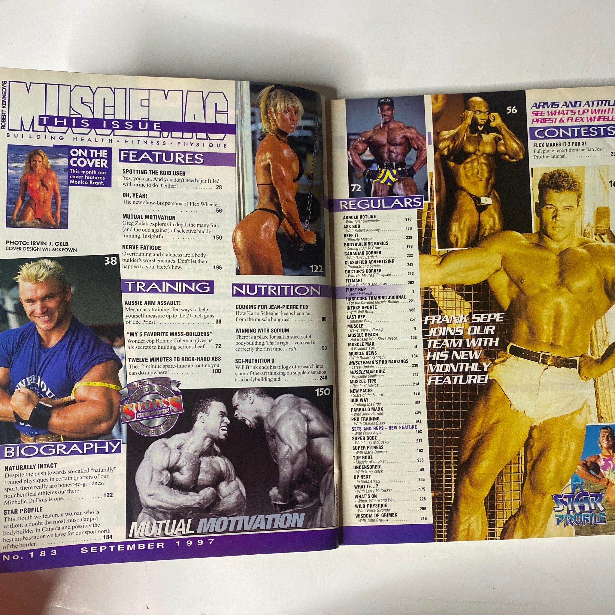 Inside spread of MuscleMag International Magazine September 1997 No. 183, showcasing features including training, nutrition, and regular segments with bodybuilding visuals.