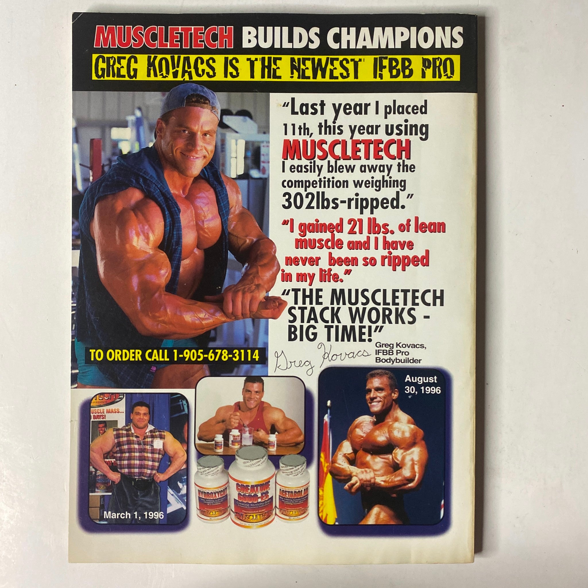 Back cover of MuscleMag International Magazine September 1997 No. 183 featuring an advertisement for MuscleTech and Greg Kovacs promoting bodybuilding products.
