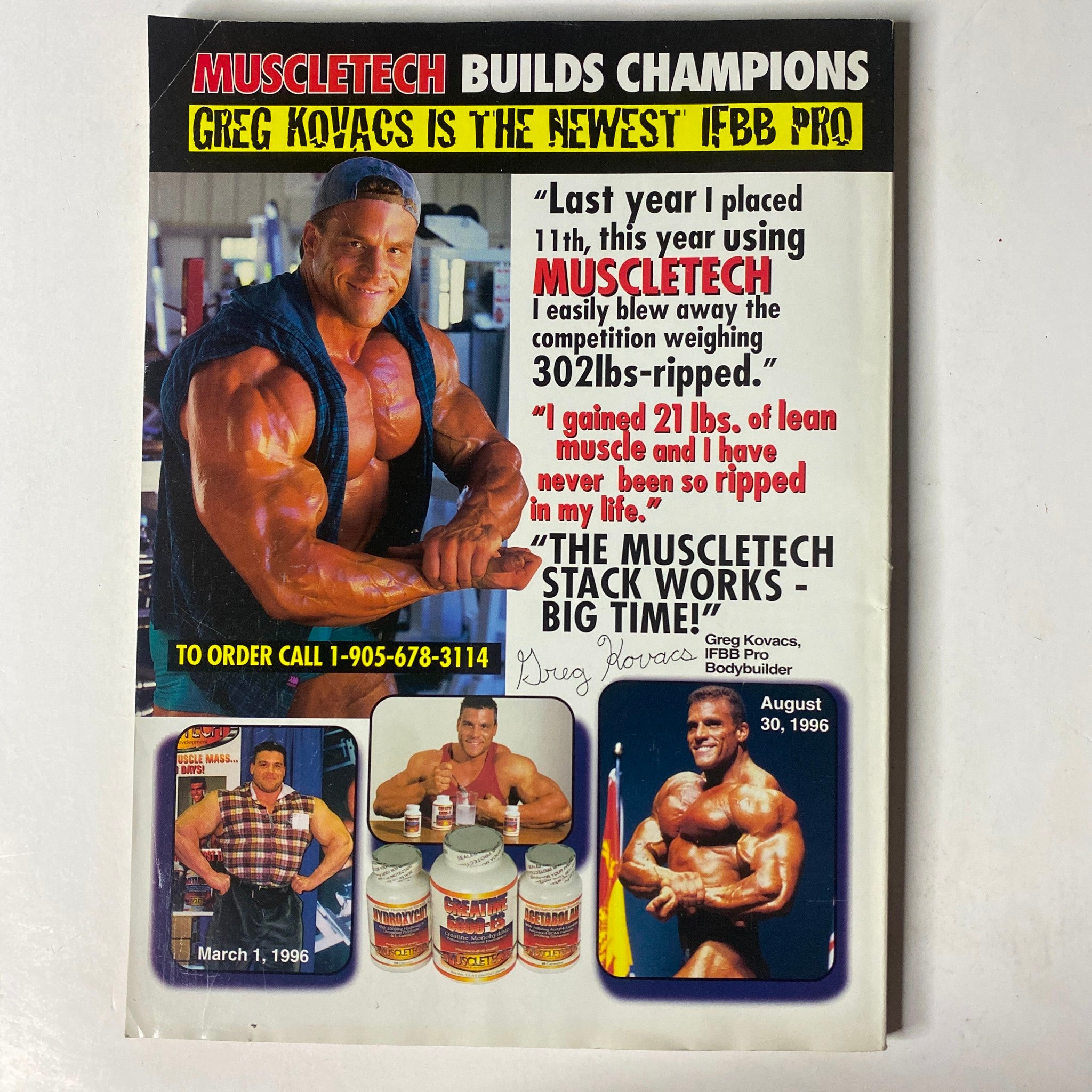 MuscleMag International Magazine October 1997 No. 184 advertisement for Muscletech featuring Greg Kovacs promoting bodybuilding supplements.