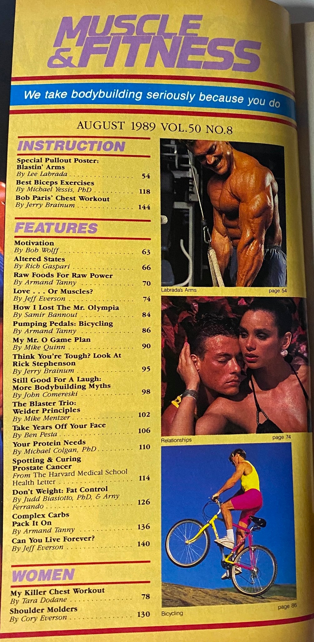 Table of contents from Muscle & Fitness Magazine August 1989, highlighting features on bodybuilding, nutrition, and fitness instruction.