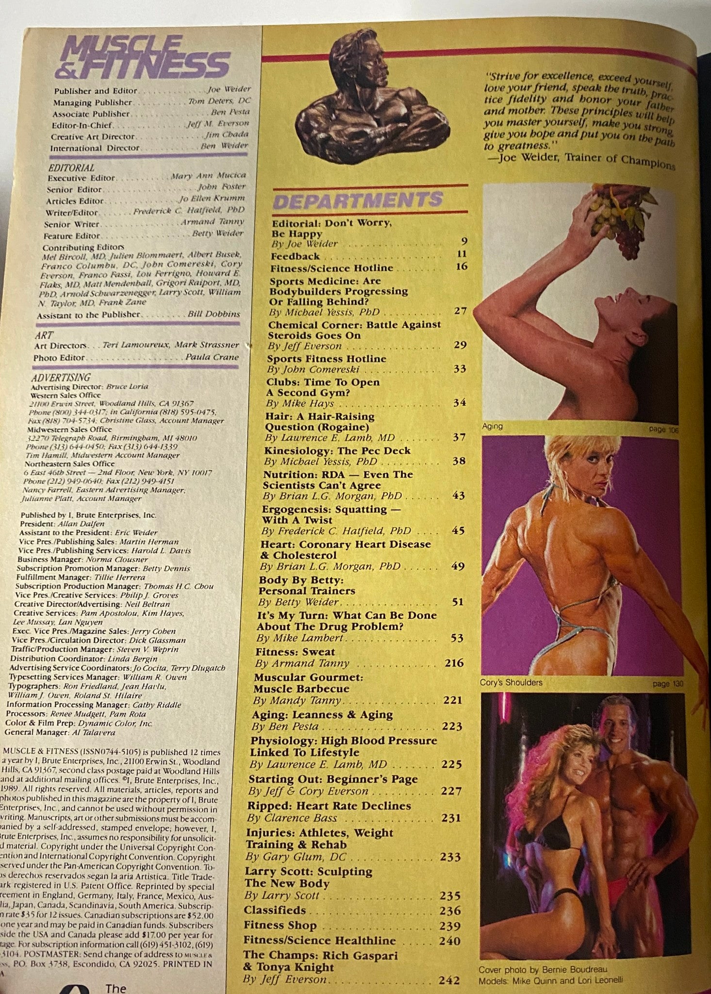 Departments page of Muscle & Fitness Magazine August 1989, including articles on fitness topics, editorial insights, and fitness training.