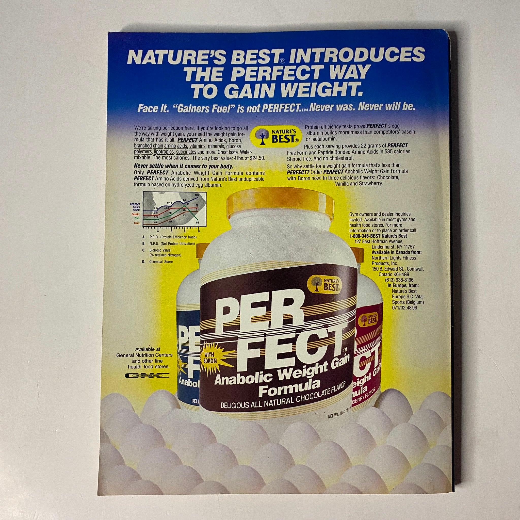 Advert for Nature's Best introducing the Perfect Anabolic Weight Gain Formula, highlighting its benefits and features. The advertisement showcases the product packaging along with a visual representation of how it works, with a backdrop of an informative layout. Suitable for fitness enthusiasts and those looking to gain weight healthily, marking it as part of the Muscle & Fitness Magazine August 1989 issue featuring Mike Quinn and Lori Leonelli on the cover.