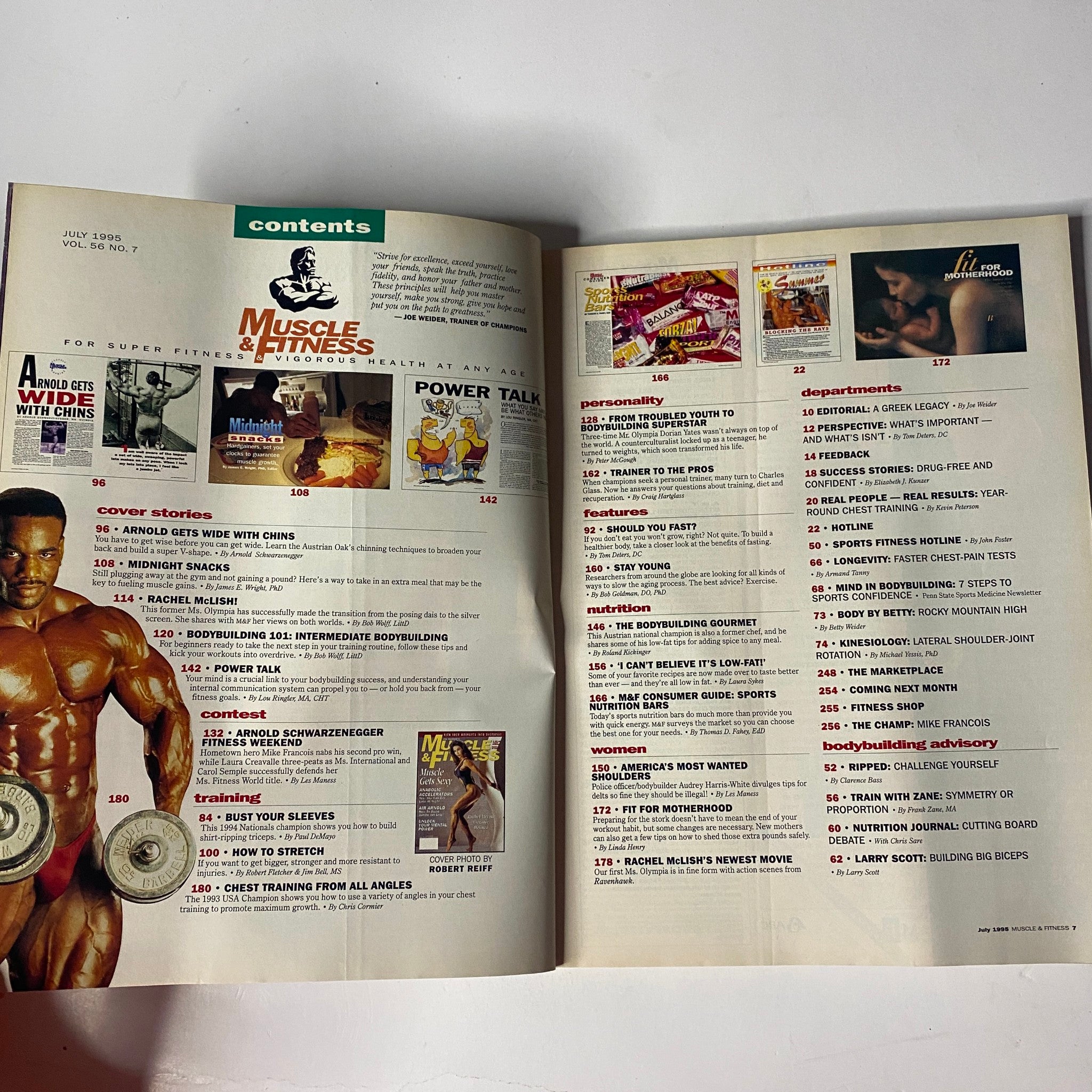 Inside spread of Muscle & Fitness Magazine July 1995 Vol 56 No. 7, displaying the table of contents with highlighted articles on training, nutrition, and personalities in bodybuilding.