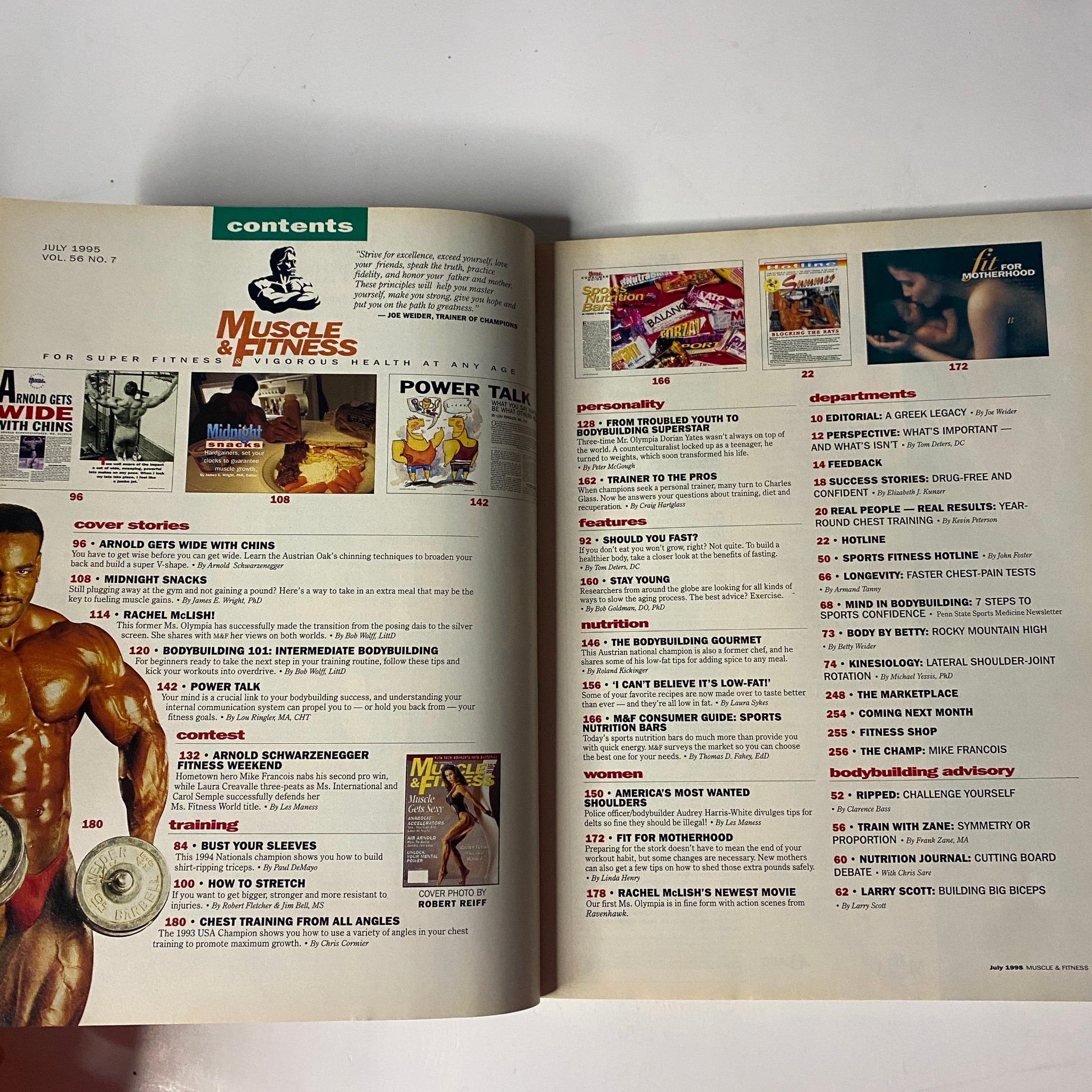 Muscle & Fitness Magazine July 1995 contents page featuring articles on bodybuilding including Arnold Schwarzenegger's training tips, 'Power Talk', and profiles of champions.