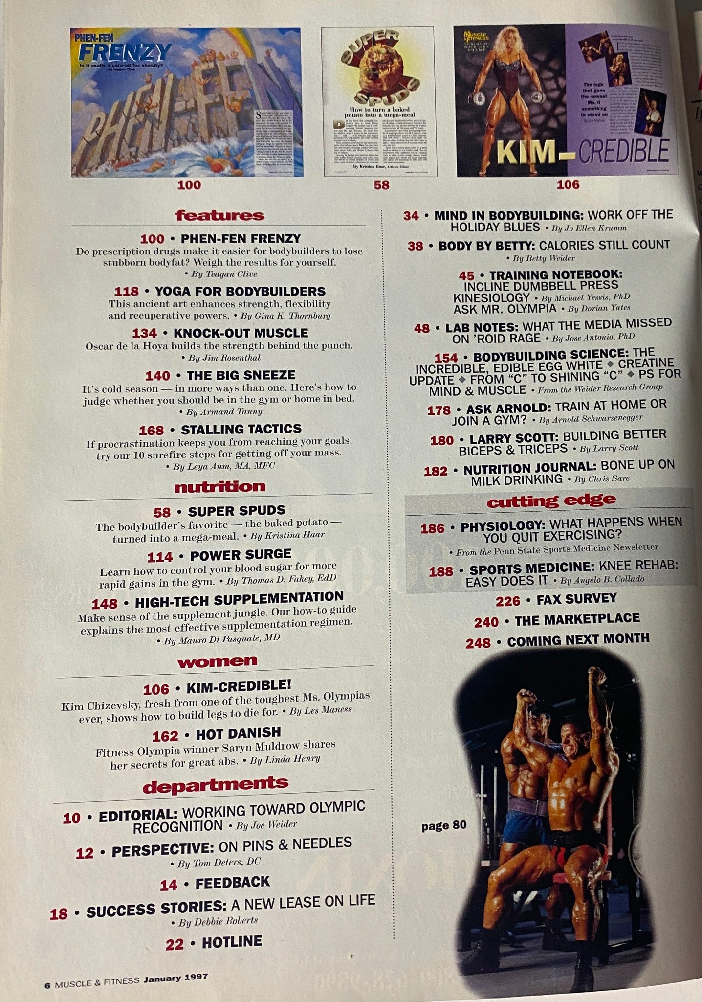 Second contents page of Muscle & Fitness Magazine January 1997, Vol 58 No. 1 showcasing featured articles about fitness, training techniques, and advice.