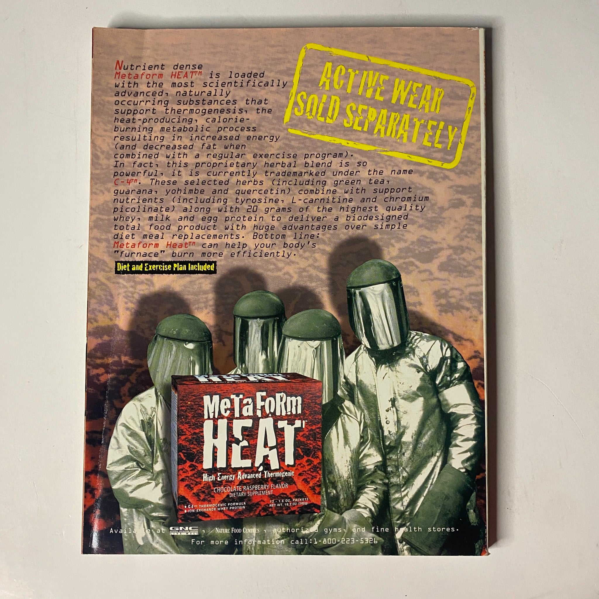 Back cover of Muscle & Fitness Magazine January 1997 featuring nutrient dense supplements and a product advertisement for MetaForm Heat, highlighting active wear sold separately.
