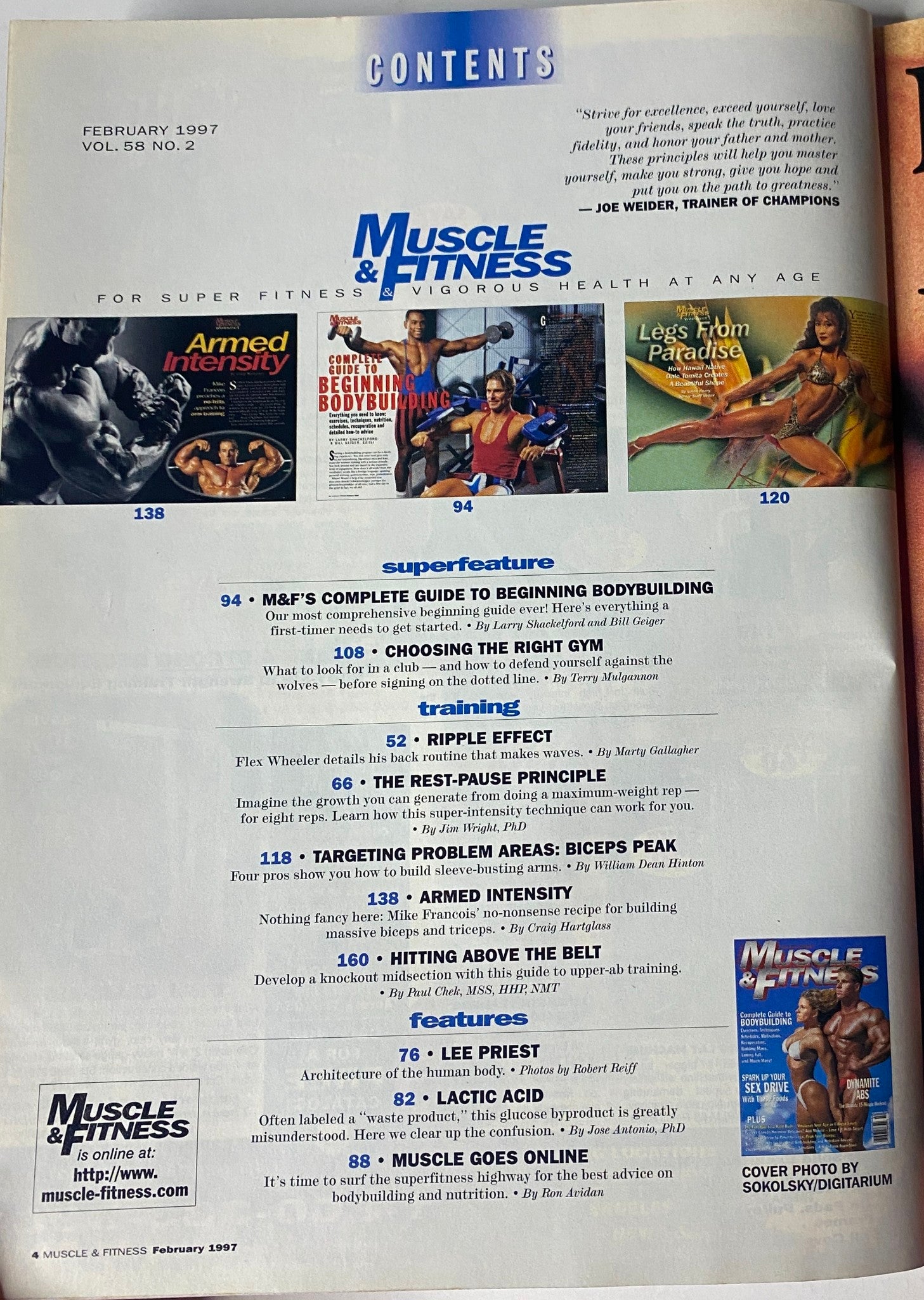 Table of contents from Muscle & Fitness Magazine February 1997 Vol 58 No. 2, detailing articles on bodybuilding, training techniques, and nutrition, featuring superfeature on beginning bodybuilding.