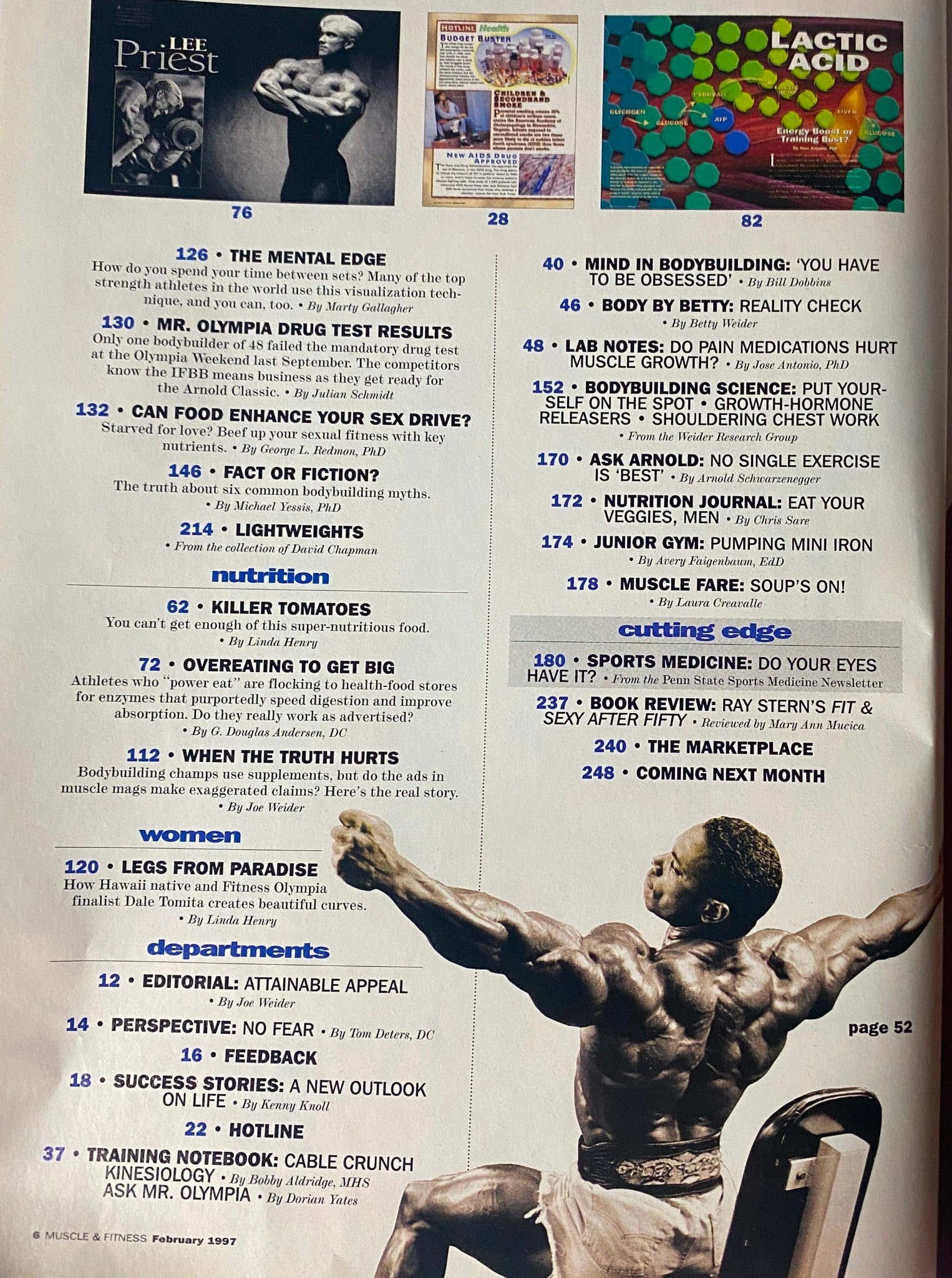 Page listing various articles from Muscle & Fitness Magazine February 1997 Vol 58 No. 2 covering topics such as muscle development, sex drive enhancement, and nutrition for bodybuilders.