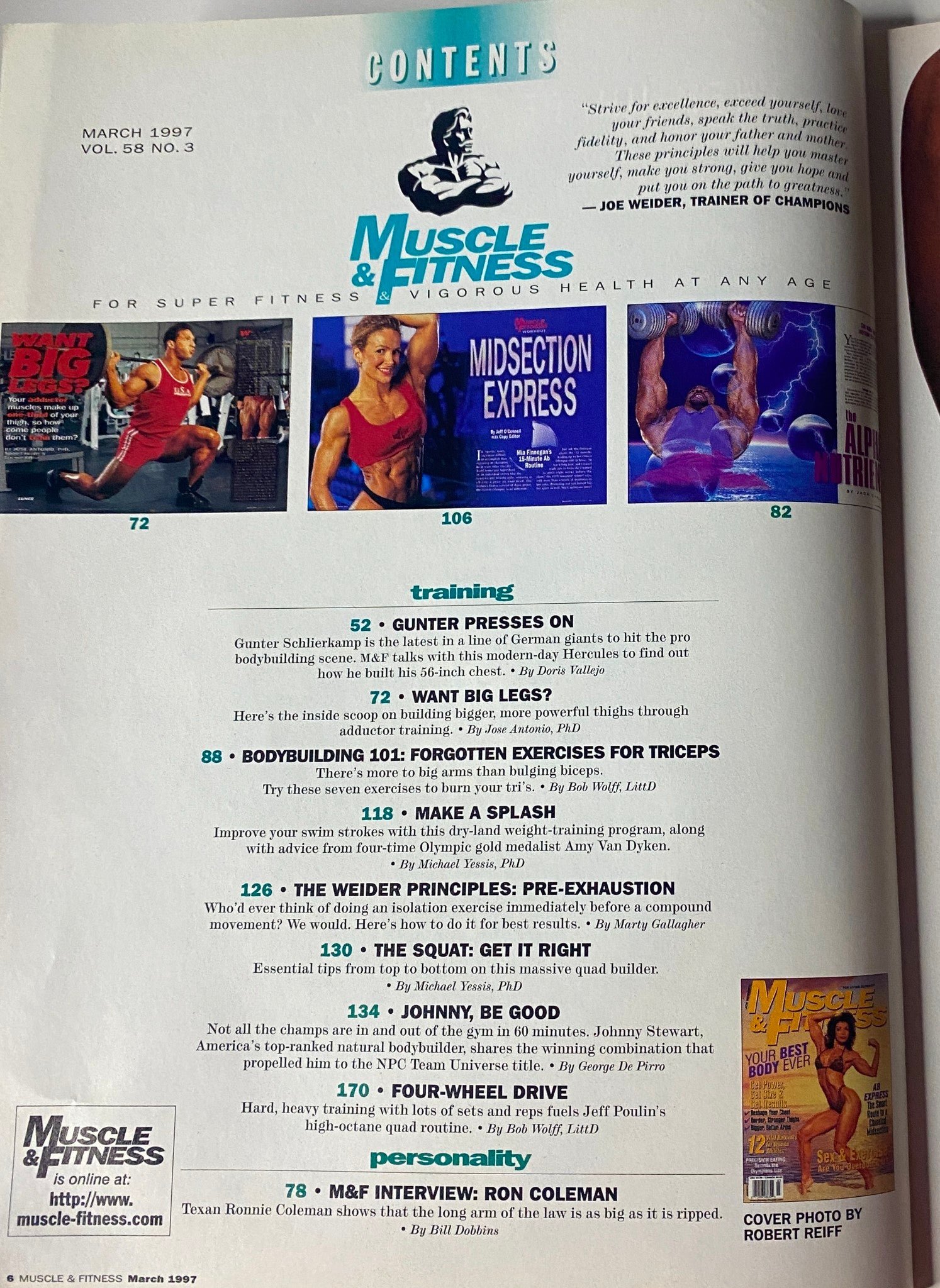 Contents page of Muscle & Fitness Magazine, March 1997 (Vol. 58, No. 3), listing articles on bodybuilding training and nutrition strategies.