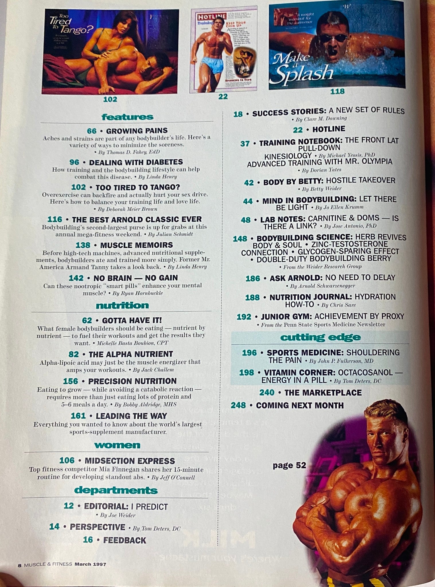 Second contents page of Muscle & Fitness Magazine, March 1997 (Vol. 58, No. 3), detailing features, interviews, and nutritional advice.