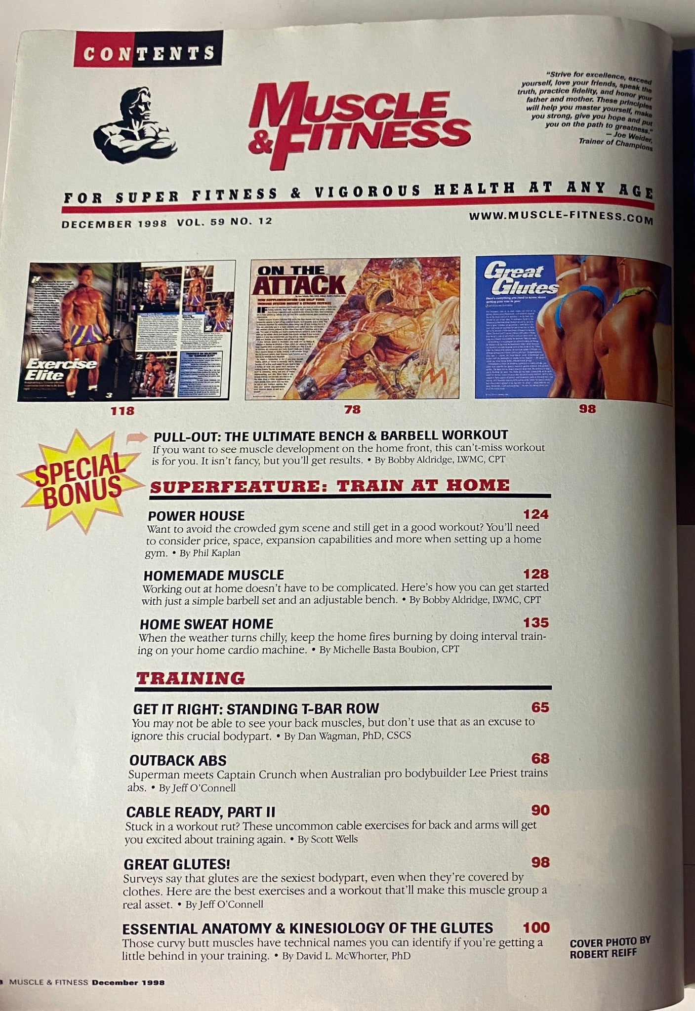 Muscle & Fitness Magazine December 1998 Home Training Guide, showcasing contents including articles on home workouts, exercises, and fitness tips. 17-page feature dedicated to training at home with expert advice.